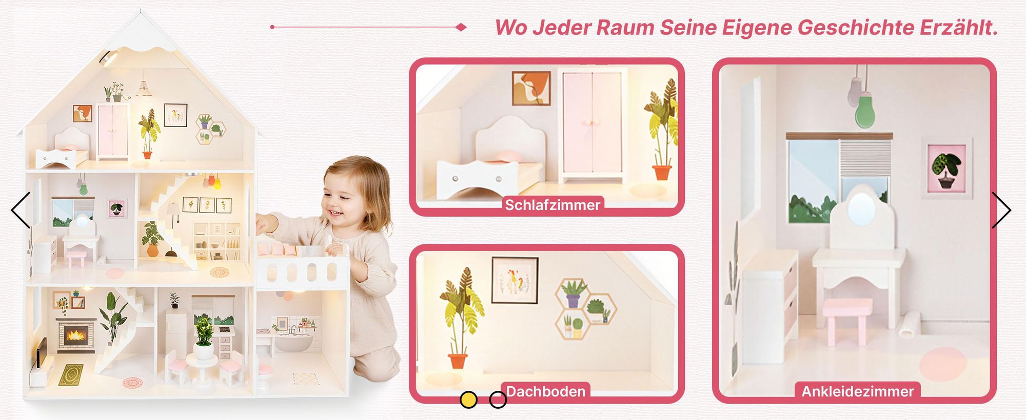 Großes Holz-Puppenhaus 118 cm mit LED und Möbeln – 3 Etagen, 7 Zimmer, Terrasse und Zubehör