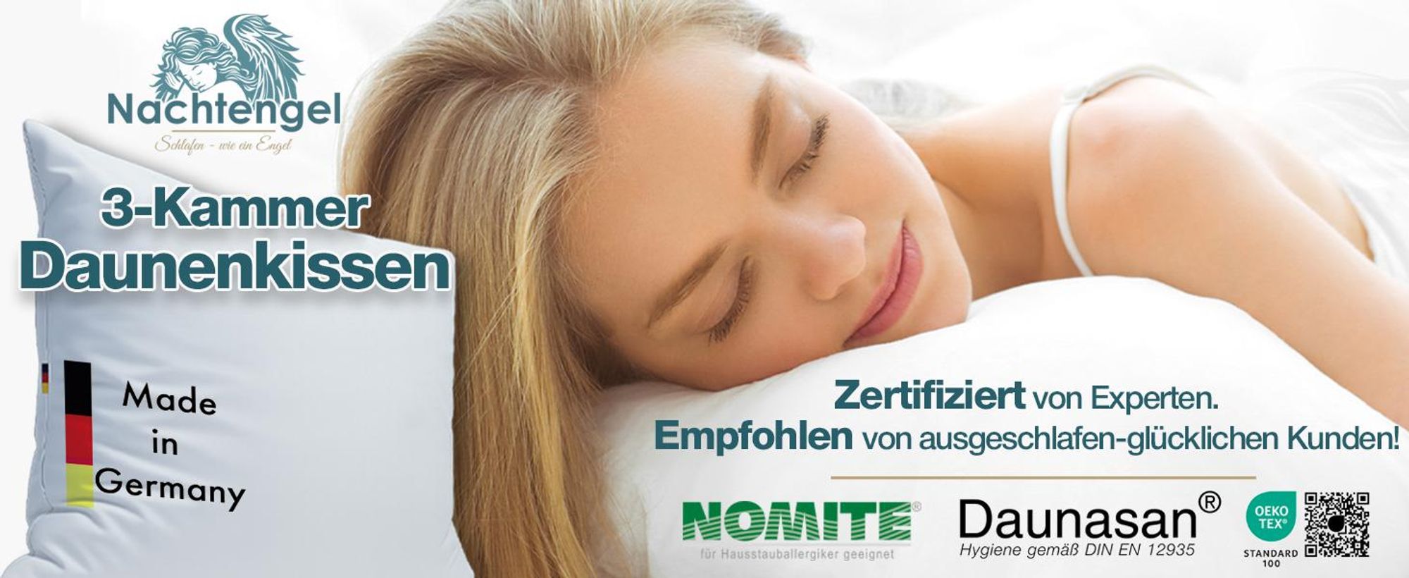 Daunenkissen 3-Kammer Kopfkissen 80x80 aus 100 % Daunen & Federn – Germany, atmungsaktives Federkopfkissen für alle Schlaftypen