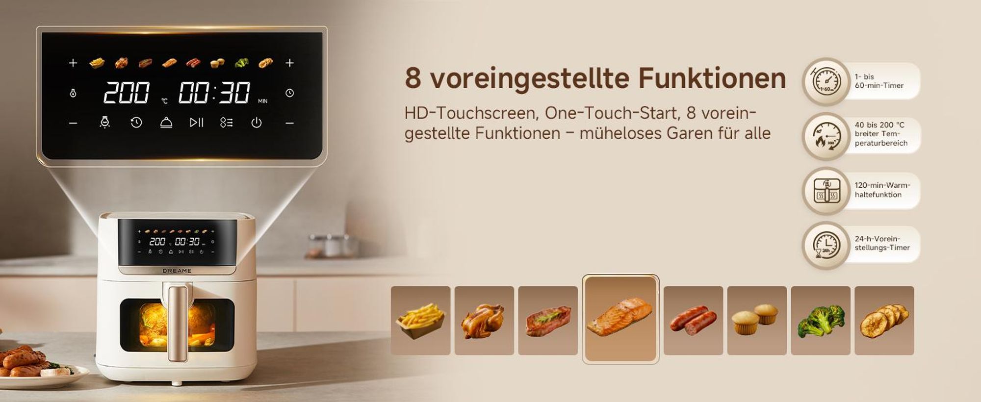 Dreame KrispNow™ AF20,6L Heißluftfritteuse,Metal-Innenraum,0-Fluorid Titanium-Keramik,Dual-Source 360° Hitze,8 Programme&Dörrfunktion,Aprikosenfarbe