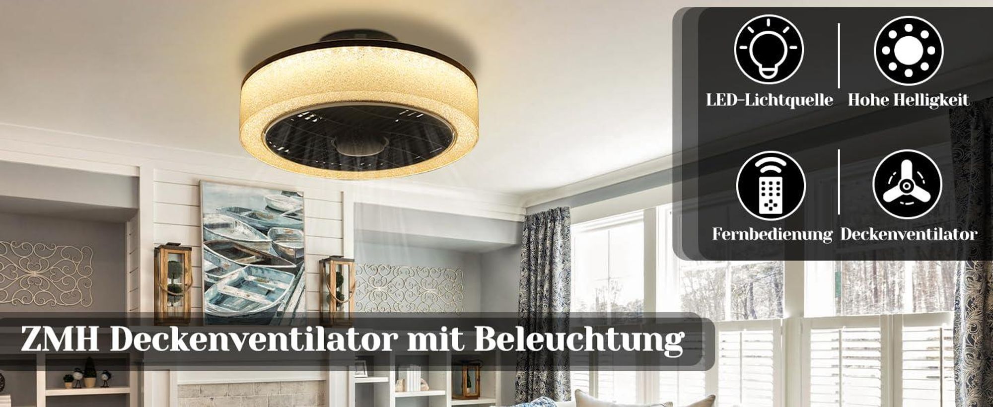 ZMH LED Deckenventilator mit Beleuchtung Modern Groß Deckenlampe Fan Leise Fernbedienung Timing Dimmbar Deckenleuchte für Schlafzimmer  Küche