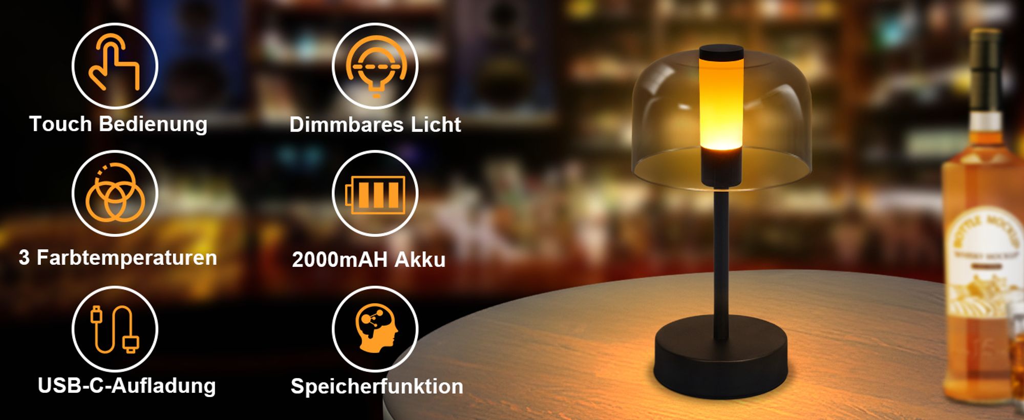 ZMH Nachttischlampe Akku LED Dimmbare Tischlampe Kabellos Tischleuchte USB-C Aufladbar 1800K-6500K Schwarz Touch Lampe mit Speicherfunktion für Schlafzimmer