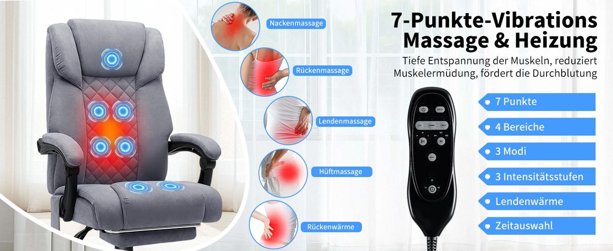 HOFFREE Massage-Bürostuhl mit Wärme & 7 Vibrationspunkten, 180° neigbar, Fußstütze, 200 kg Tragkraft, Chefsessel für große Personen, Grau