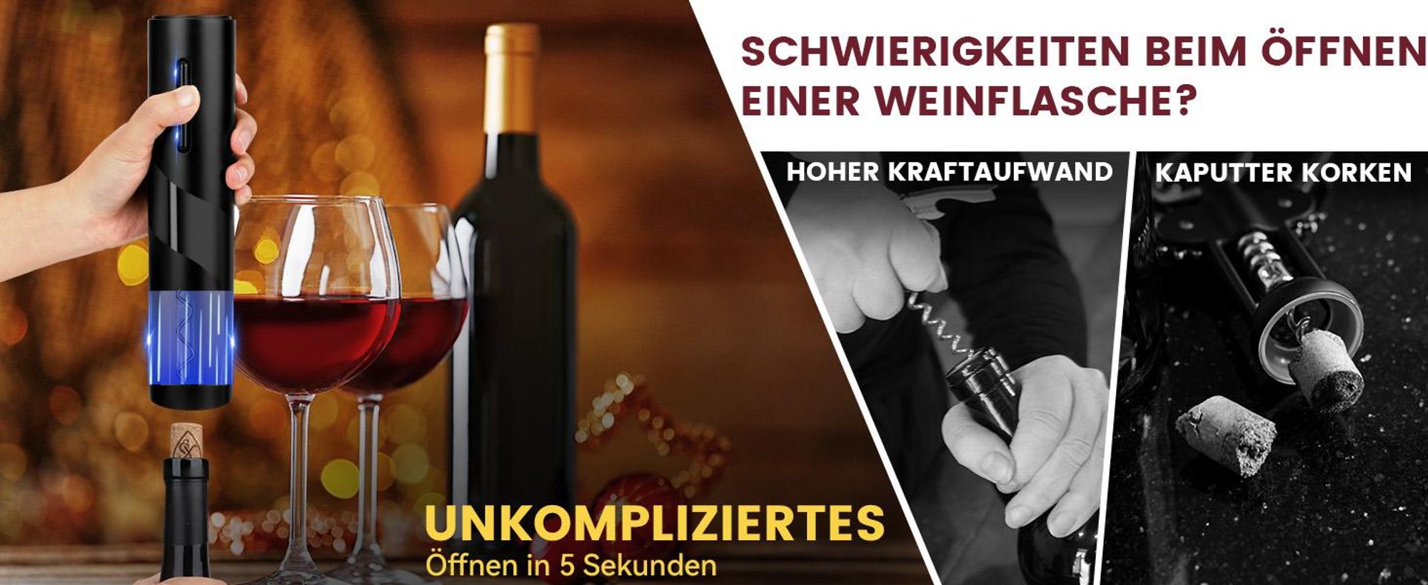 Elektrischer Weinöffner Set (6-in-1), Automatischer Korkenzieher mit Ladestation, Kapselschneider, Ausgießer & Vakuumverschluss