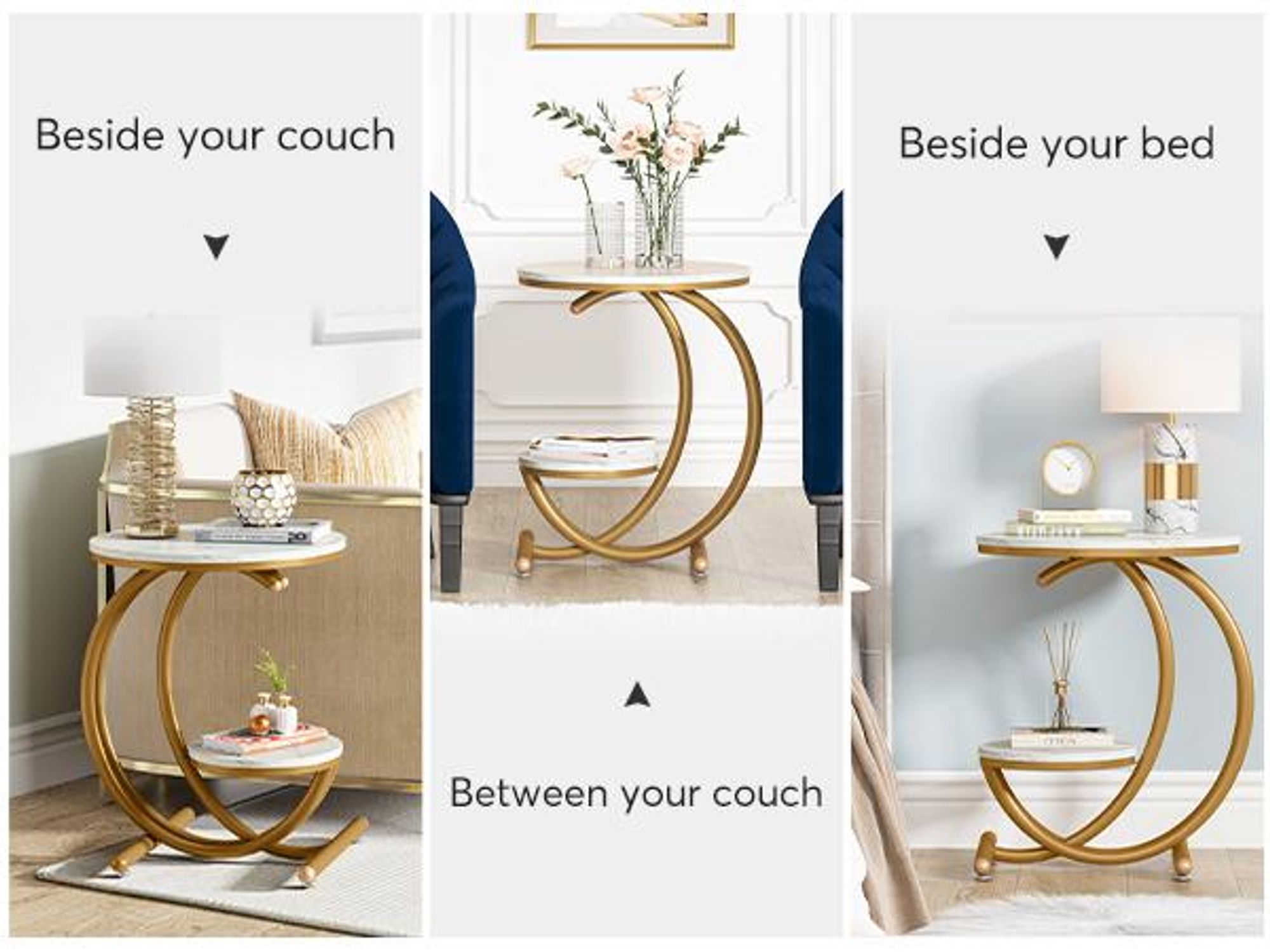 Tribesigns Beistelltisch aus Kunstmarmor, moderner 2-stöckiger runder Couchtisch mit C-förmigem Rahmen für Wohnzimmer, Schlafzimmer, Weiß/Gold