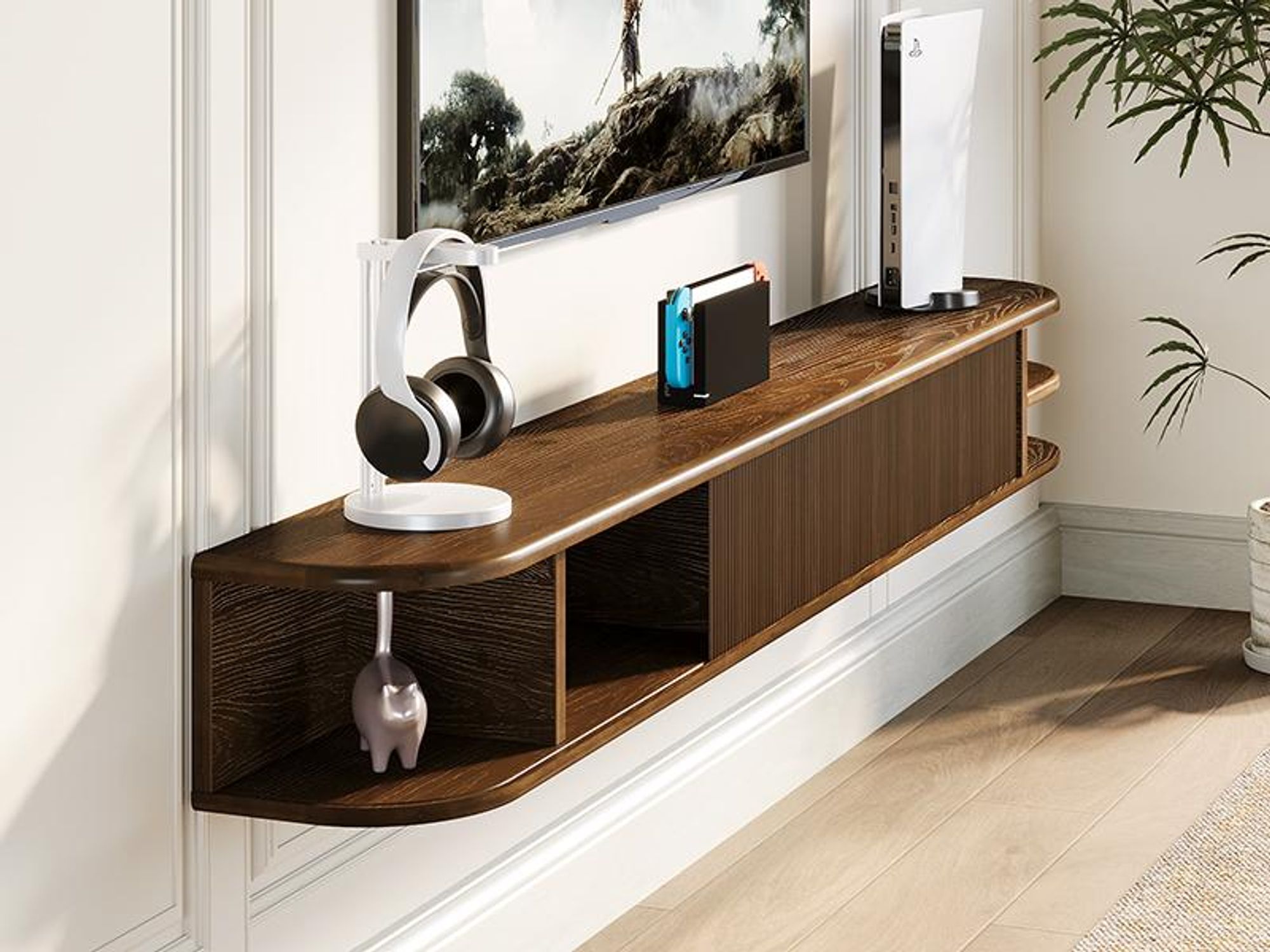 71-Zoll-TV-Lowboard, für Fernseher bis 90 Zoll, zur Wandmontage,schwebend, Massivholz-Medienkonsole Schranktüren mit Rillenstruktur, Walnuss-Optik