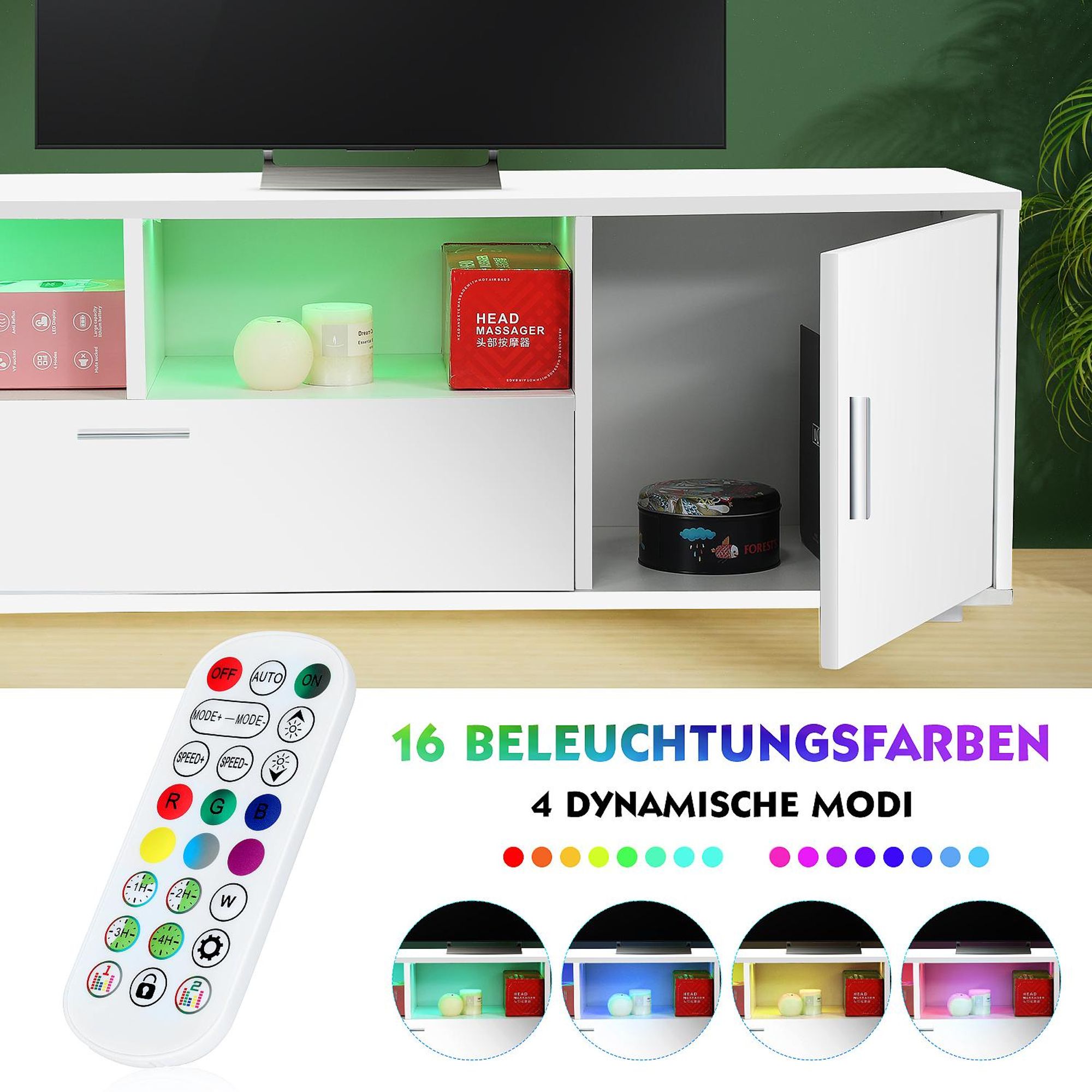OYAJIA 160cm TV-Schrank Fernsehkommode, Hochglanz TV Schrank, mit 16 Farben LED Beleuchtung 2 offenes Regalfach,3 Ablagen mit Griff Klapptüren