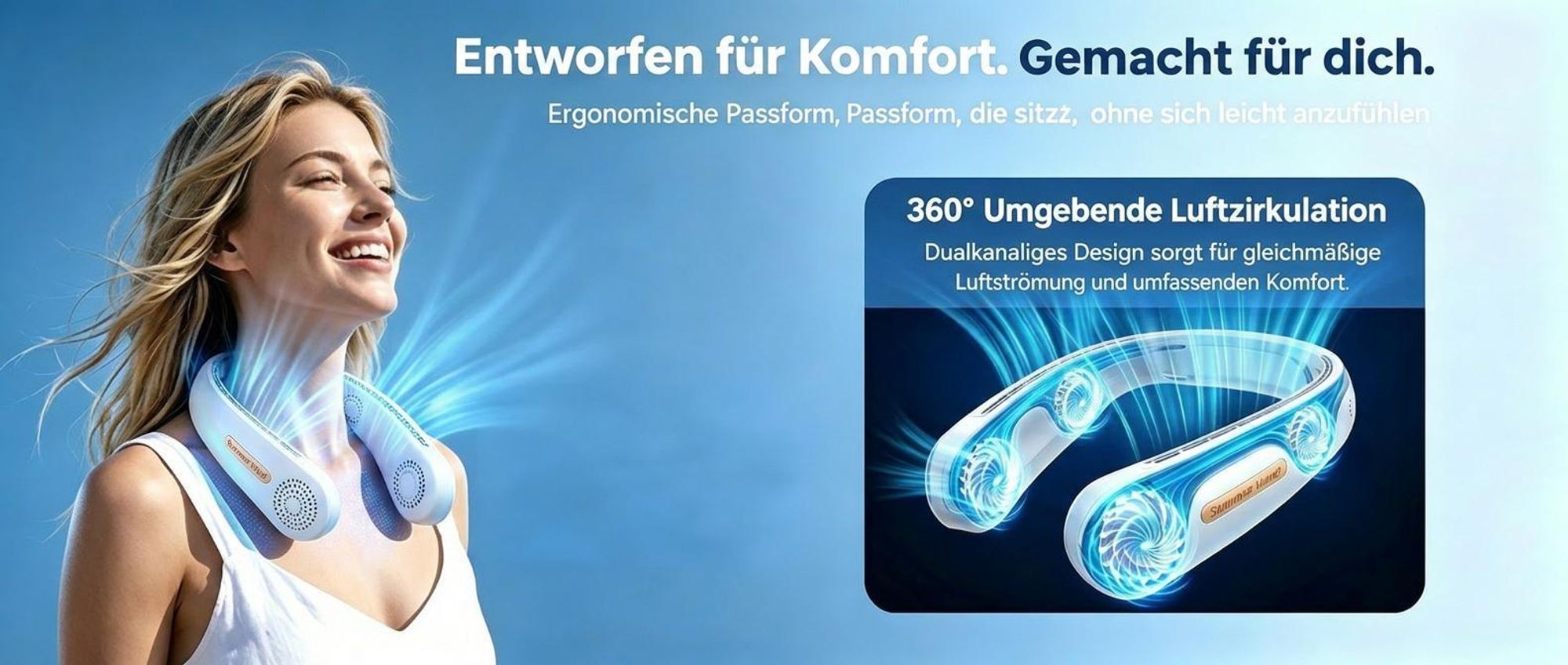 Nackenventilator, Halsventilator, blattlos, leise, USB, 4000mAh, 3 Stufen, 4Turbinen, 360° Luftstrom, für Reisen & Büro(Weiß)