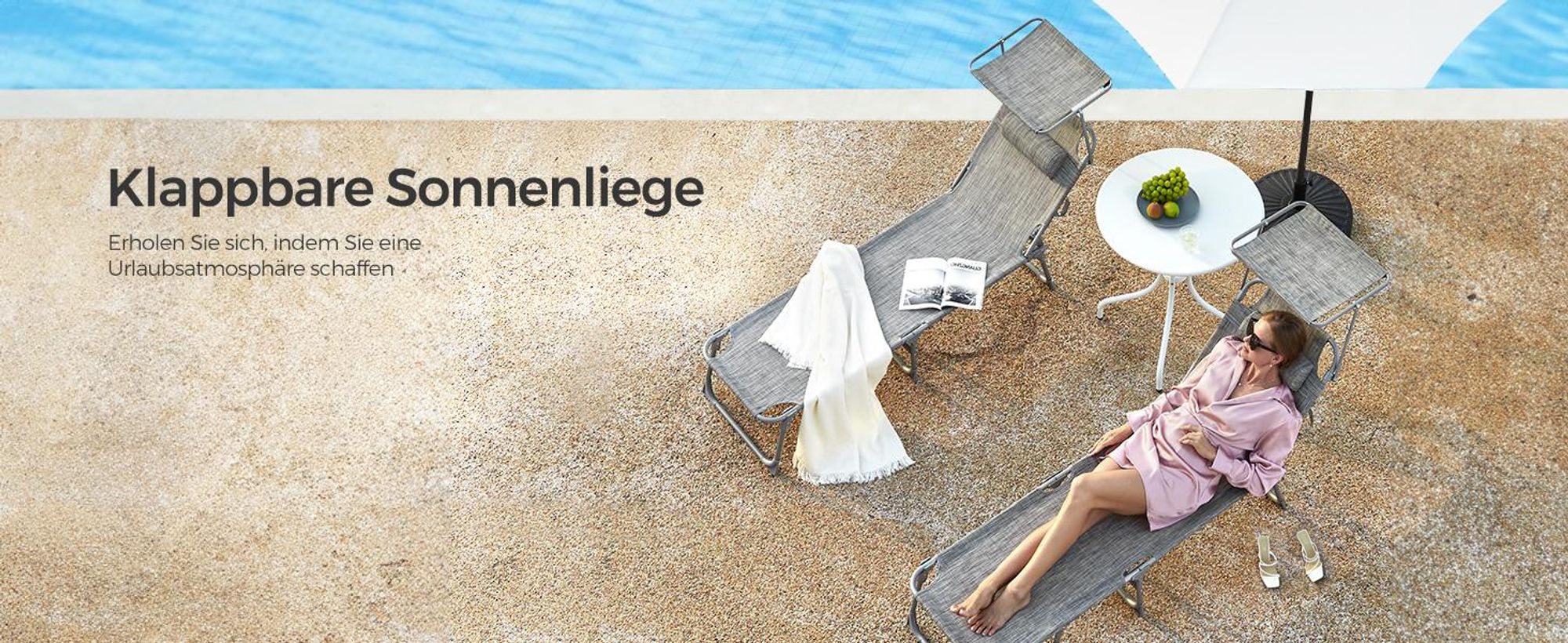 SONGMICS Gartenliege, klappbarer Liegestuhl, 193x53x29cm, mit Kopfstütze greige