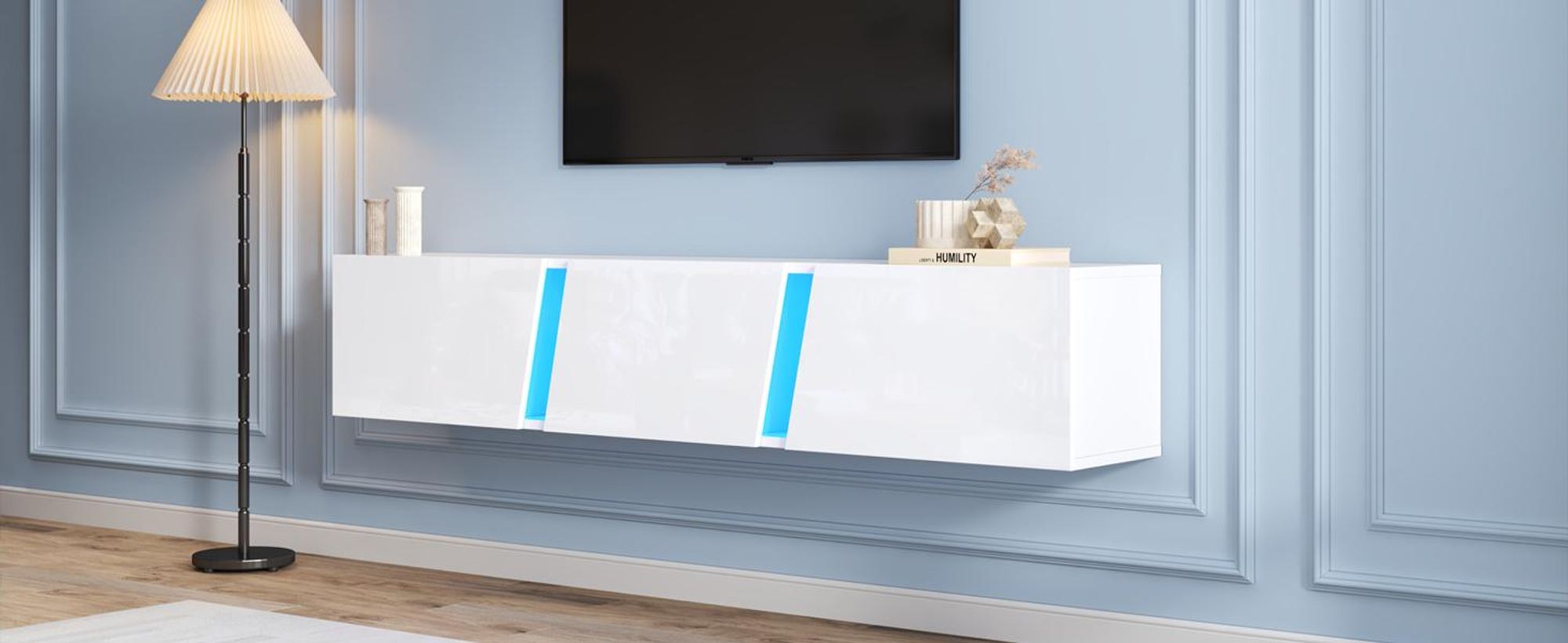 STILVORA Wandmontierter TV-Lowboard mit LED-Licht und 3 Schranktüren,TV-Ständer für 75-Zoll-Fernseher,TV-Schrank Fernsehschrank Hochglanz,Weiß