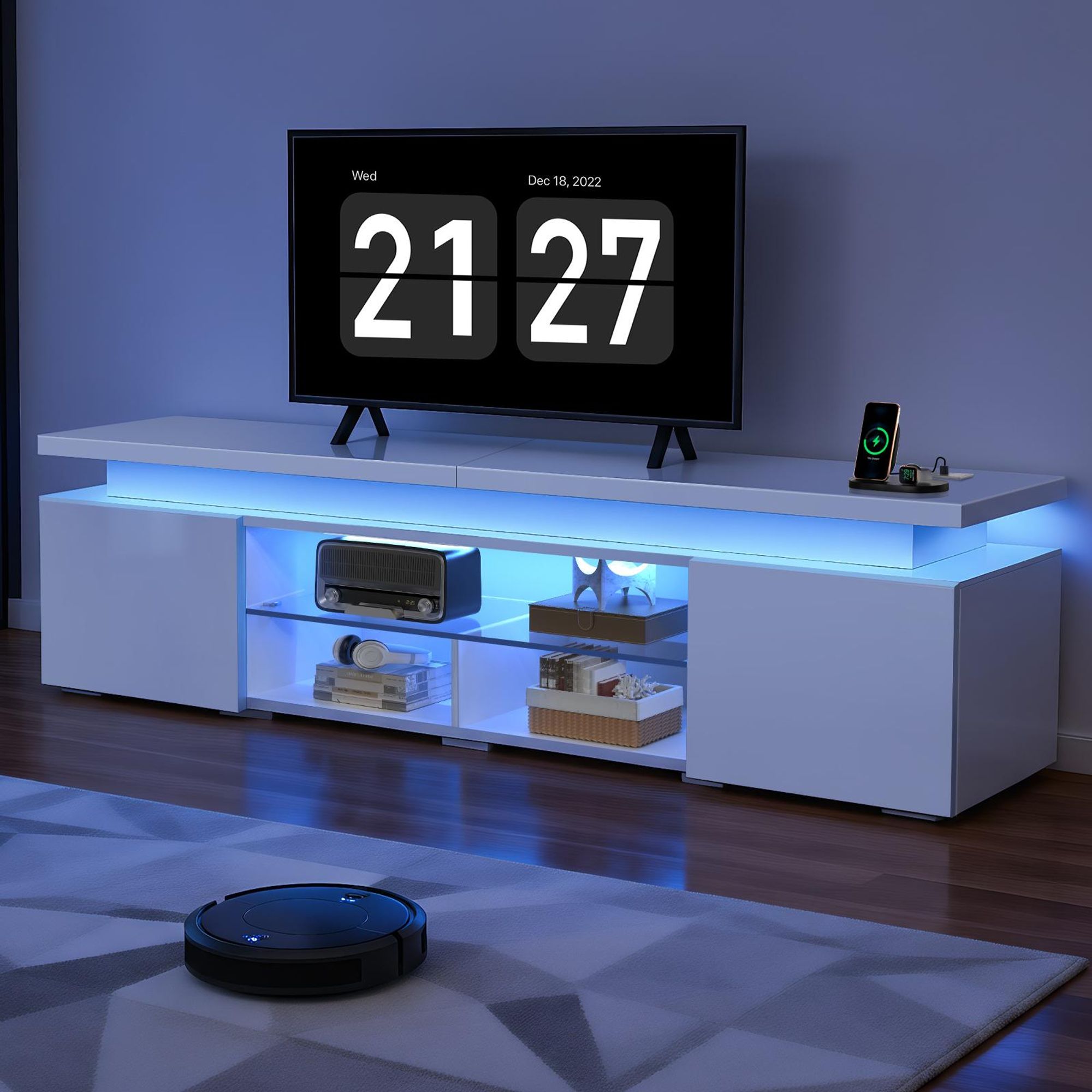 OYAJIA Lowboard TV-Schrank, Fernsehschrank mit RGB-LED und Steckdosen für Fernseher bis 75 Zoll,  Mit 2 Türen, Regalen und viel Stauraum, 185x35x49cm