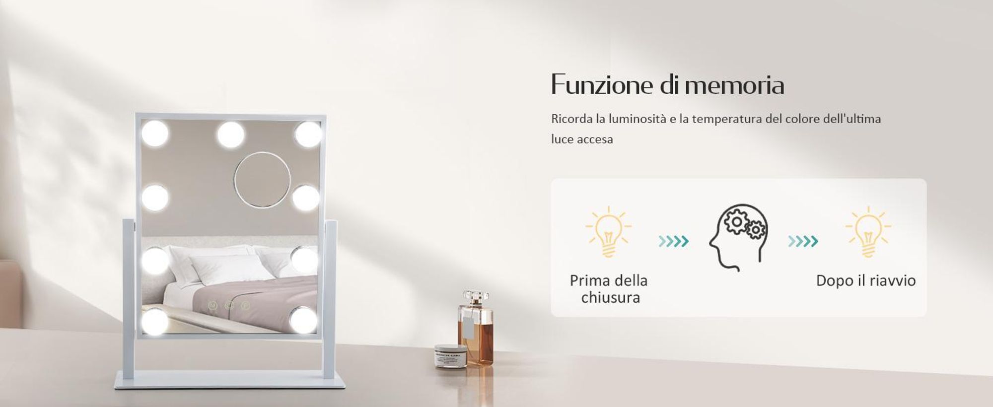 Specchio cosmetico EMKE con illuminazione a LED 47,5 x 36,5 cm Specchio per trucco Ingrandimento 7x 3 colori di luce Dimmerabile Ruotabile a 360°, bianco