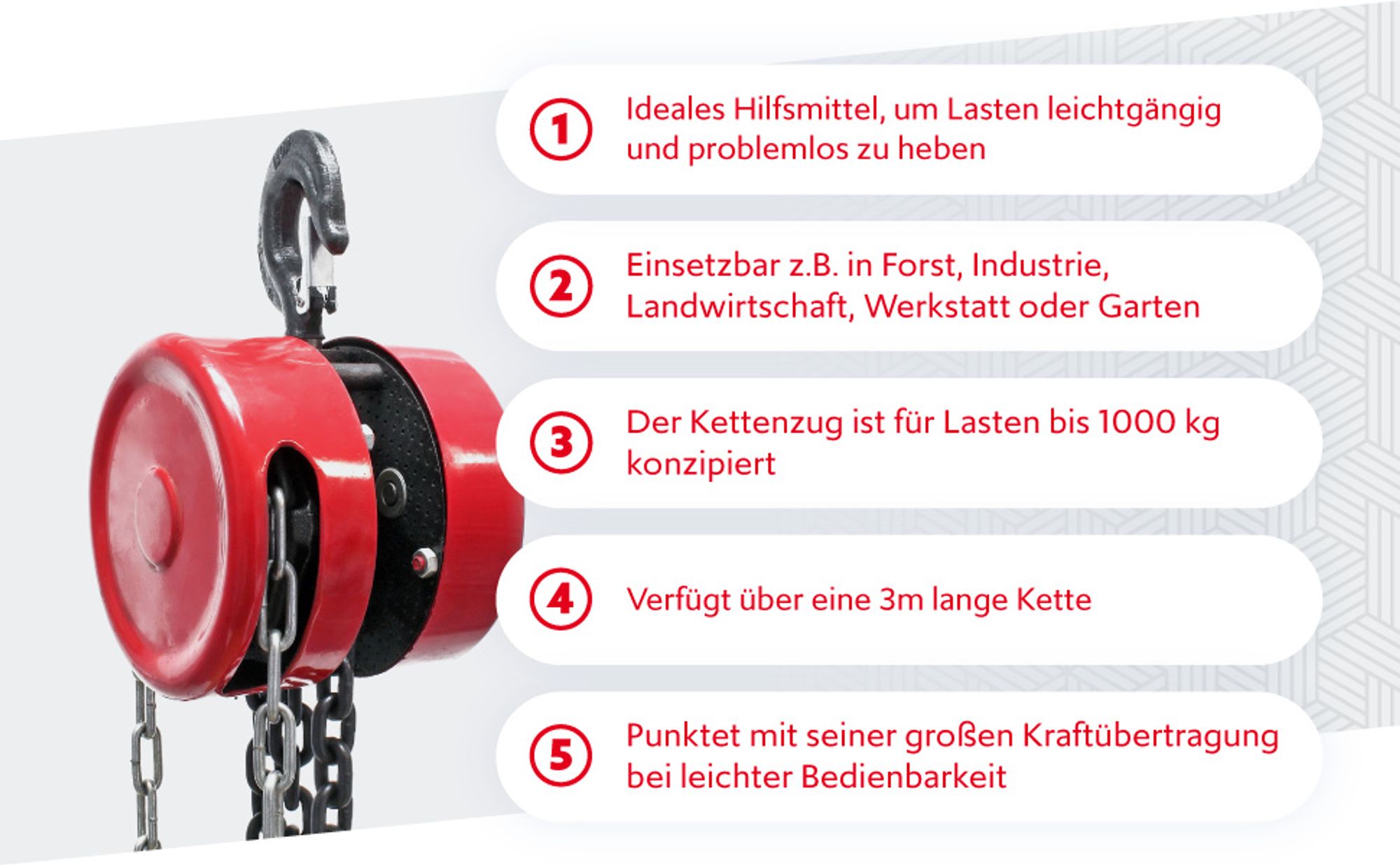Wiltec Kettenzug mit 1000kg Traglast und 3 m Kettenlänge, einfaches Lastenheben, Flaschenzug, Seilzug, Handkran, Handseilwinde u.a. für Forst und Werkstatt