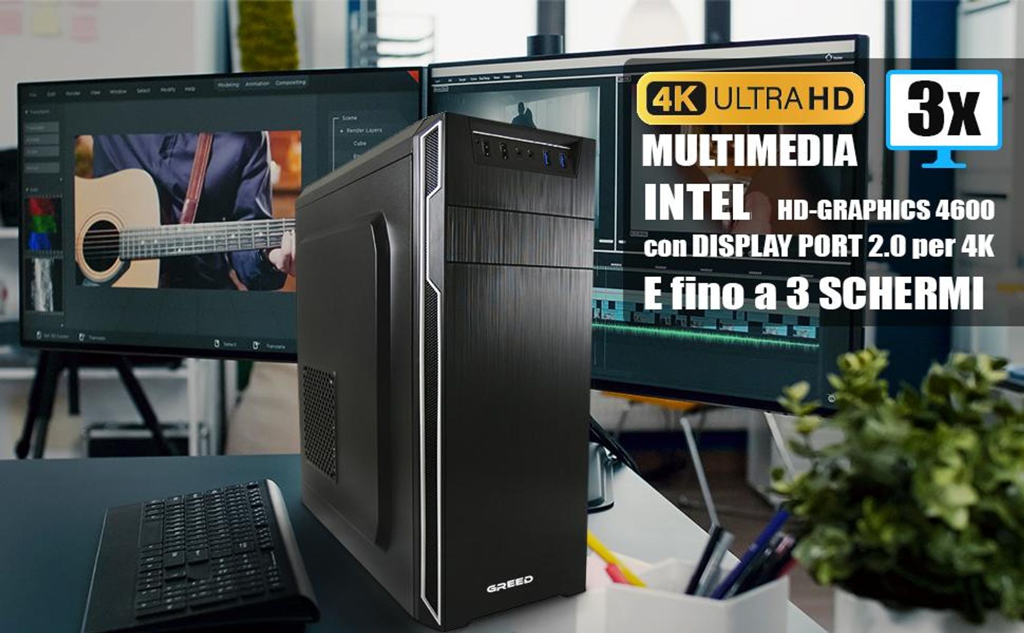 GREED® Multimedia PC - Intel Core i3 12100 - 4,3 GHz - Computer fisso per ufficio - 16GB RAM - 240GB SSD + 1TB HDD - WiFi + Windows 11 Pro