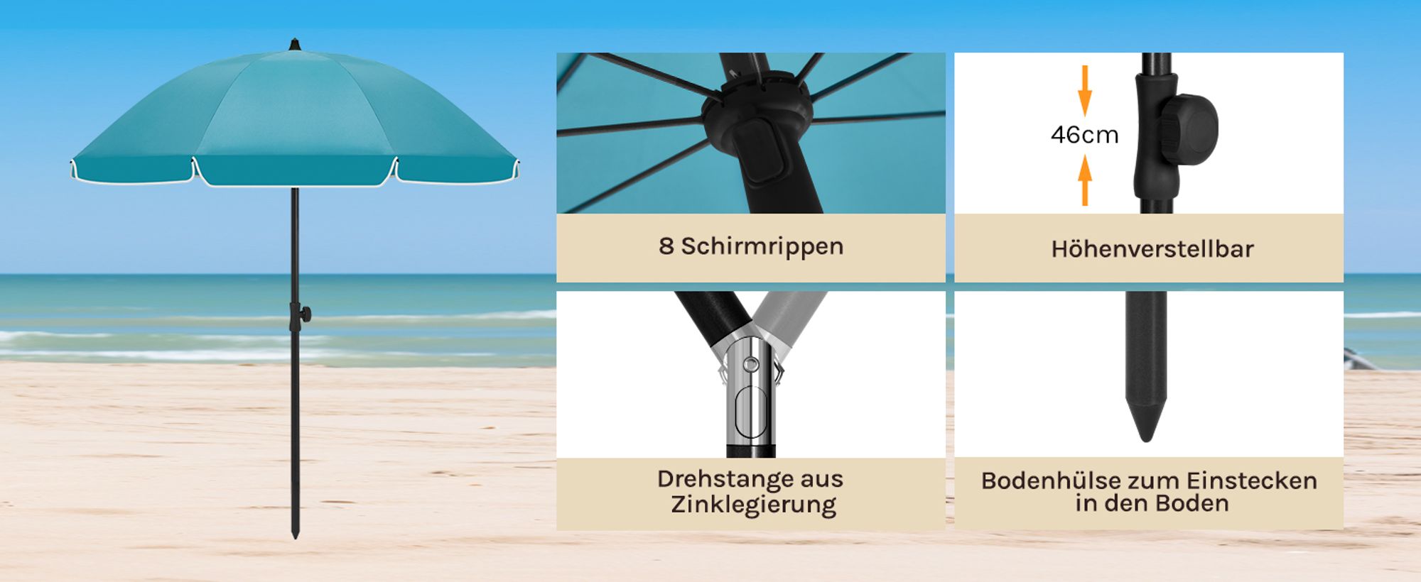 WOLTU Sonnenschirm Strandschirm UV-beständig, höhenverstellbar, 45° knickbar, rund, Blau 175cm