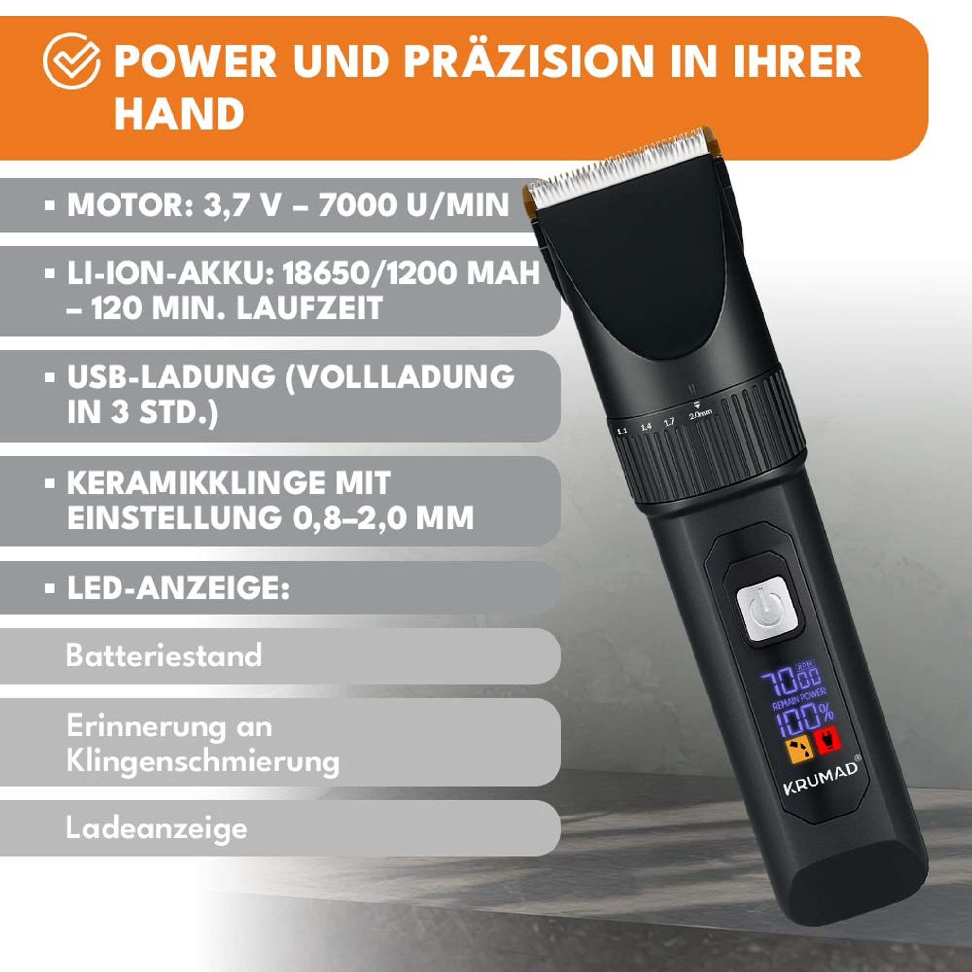 KRUMAD Haarschneidemaschine Herren - Professioneller Haarschneider mit LCD-Display, 4 Geschwindigkeiten, Keramikklinge & USB-Aufladung