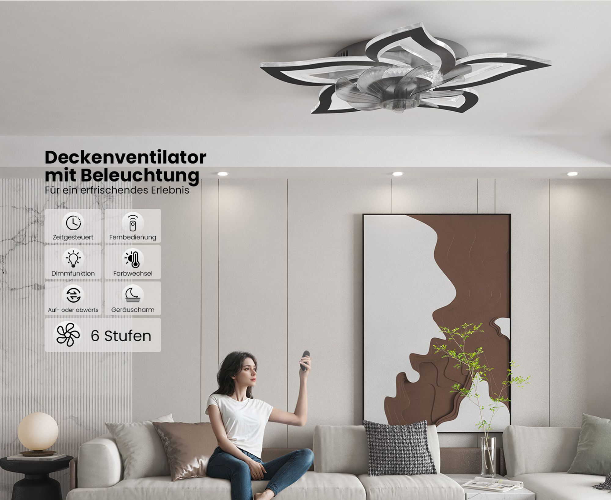 Heilmetz Deckenventilator mit Beleuchtung Ø 69 cm Dimmbar 6 Geschwindigkeiten Blüten-Design Leiser LED Lüfter mit Fernbedienung Schwarz
