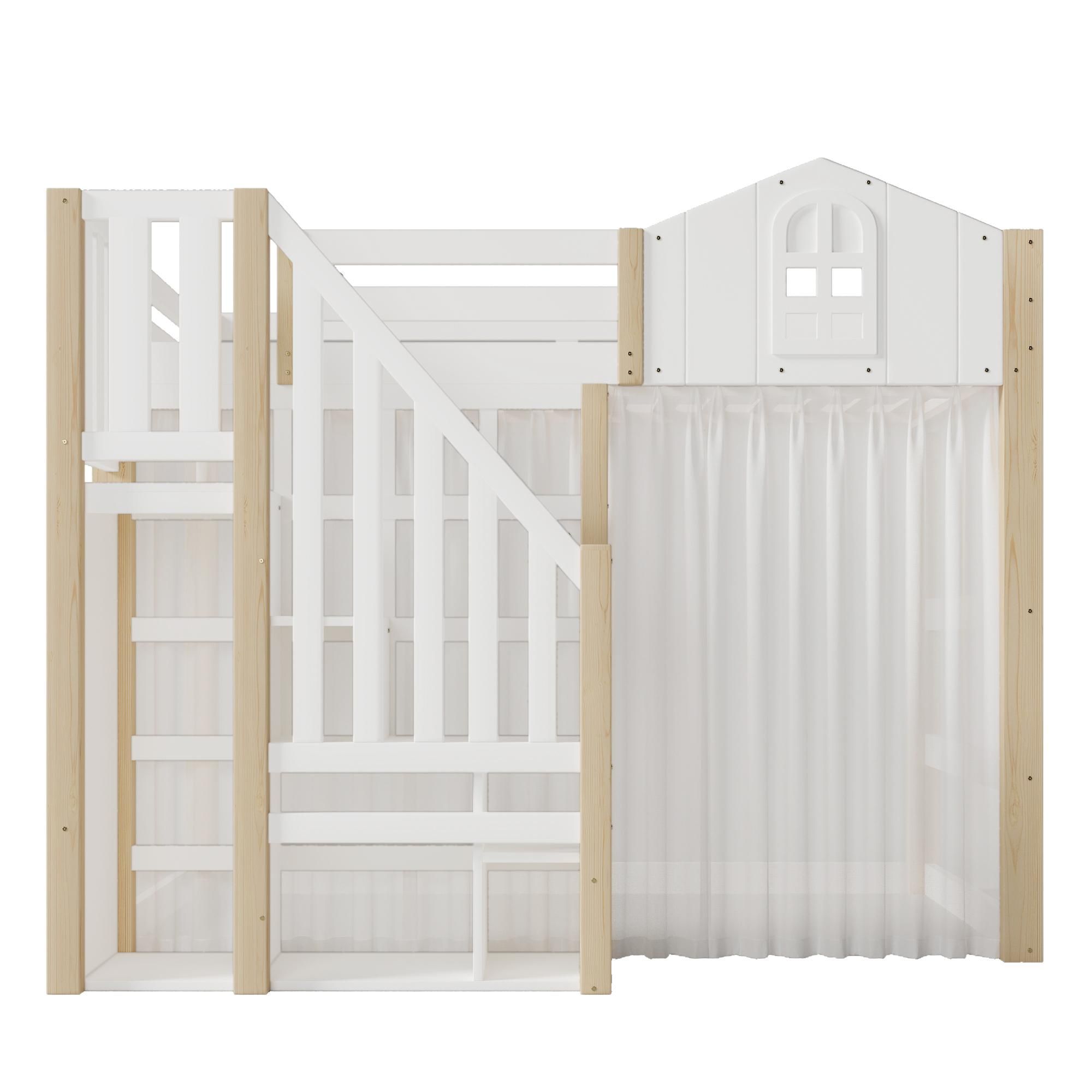 Flieks Etagenbett 140x200cm mit Led, Kinderbett Hausbett mit Bettvorhang, Hochbett Doppelbett mit Lattenrost und Rausfallschutz, Naturbelassen