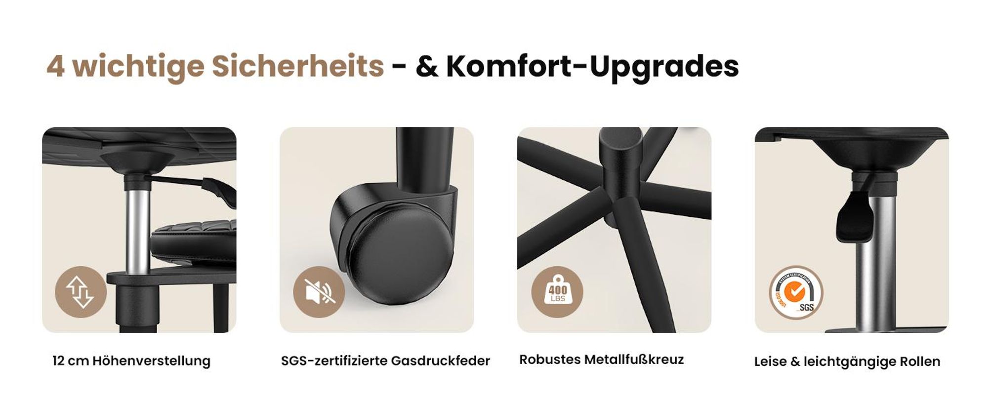 Drehstuhl, Bürostuhl mit Kreuzbeinen,Ergonomischer Kniestuhlm,360° drehbar, Schwarz, Kunstleder mit Karomuster