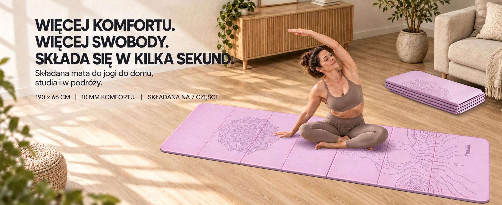 Zestaw składany do ćwiczeń jogi FunLife, zawierający 3 gumy oporowe, matę fitness o grubości 10 mm, antypoślizgową, składaną matę do gimnastyki, idealną do jogi, pilatesu i treningu, kolor lawendowy