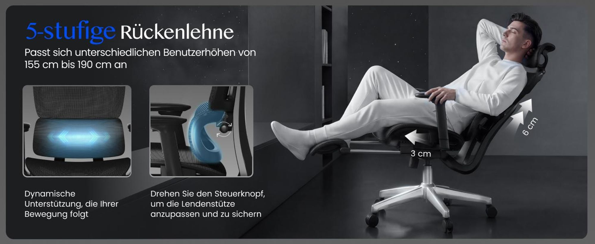 FLEXISPOT ErgoX Ergonomischer Bürostuhl mit Fußstütze 3D-Armlehnen&Kopfstütze 5D-verstellbare Rückenlehne Tragfähigkeit von 136 kg Schwarz