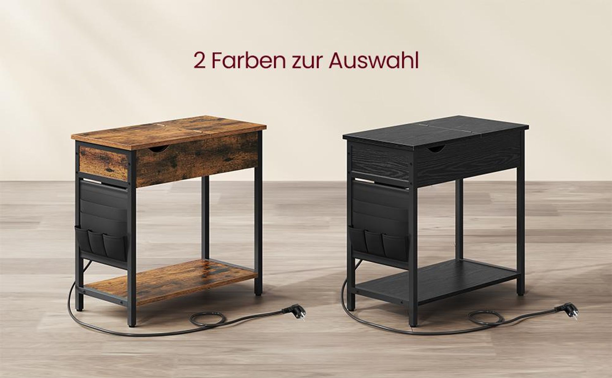 VASAGLE Beistelltisch, mit Steckdosen und USB-Anschlüsse, klappbare Tischplatte, Schwarz