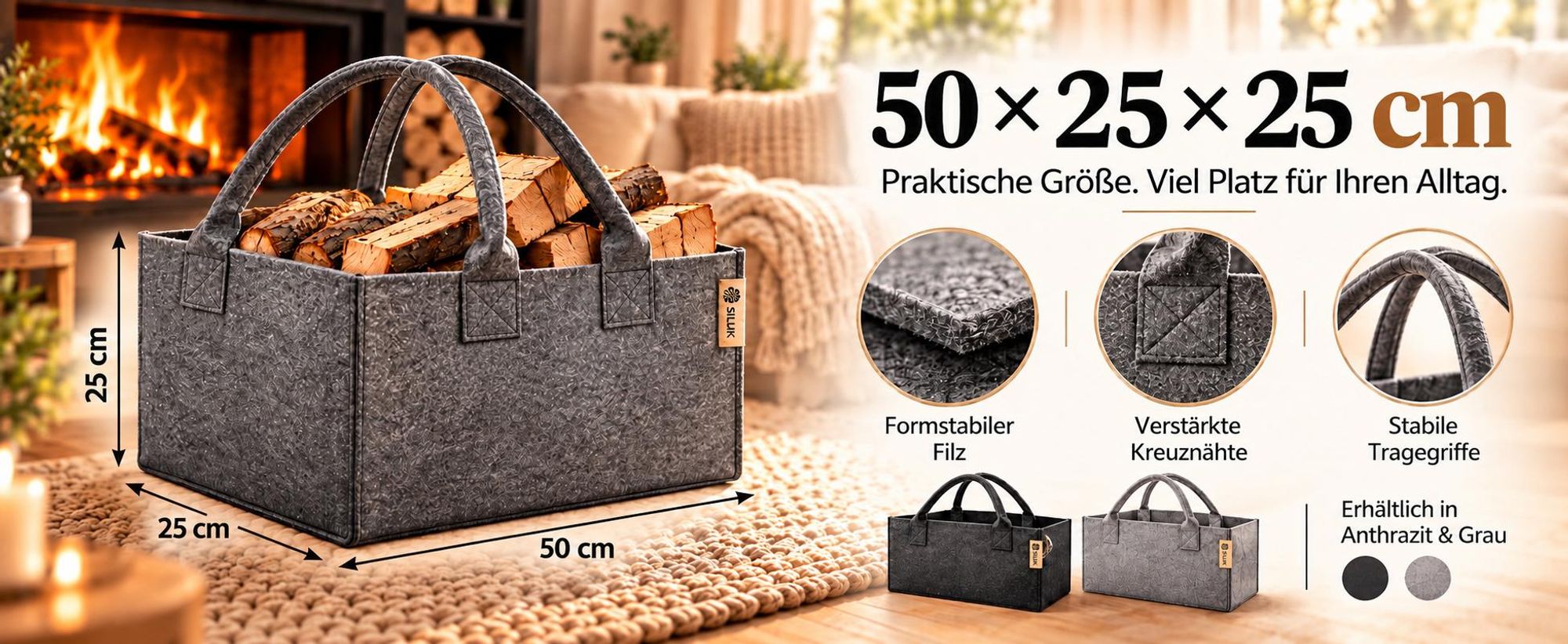 Filztasche Hellgrau Einkaufstasche Kaminholztasche Kaminholzkorb Filz Zeitungsständer Zeitungskorb (1 Stk. Grau)