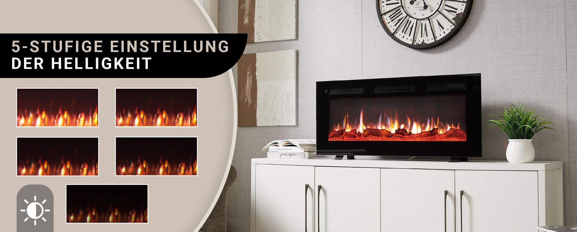BALDERIA Elektrokamin Leif 40" | 3in1 Stand/Wand/Einbaukamin, 3D-Flammeneffekt, dimmbar, Heizung 1800W, Timer, Thermostat, Startsteuerung | Schwarz