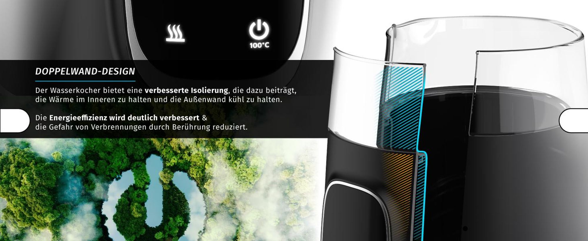 Arendo Wasserkocher QUICK TOUCH 1,7 l, Doppelwand-Design