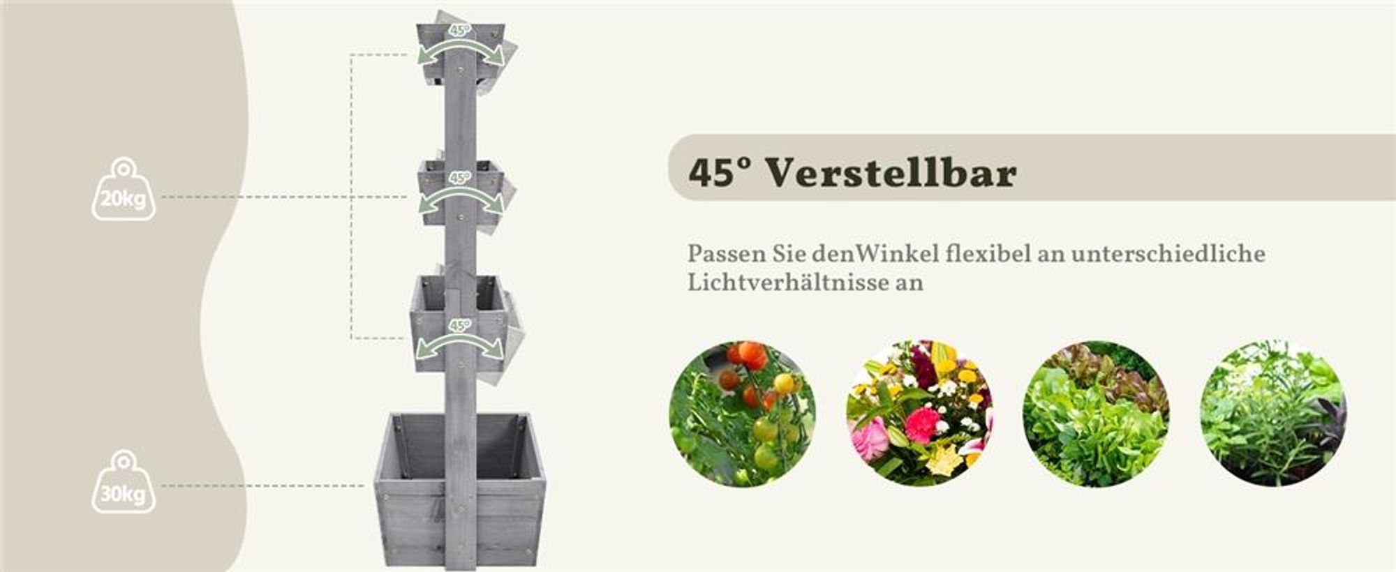 Yaheetech Vertikaler Hochbeet, 4-stufig, 45° neigbar, Pflanzbeet aus Tannenholz, wetterfest, Frühbeet Gartenbeet, Grau
