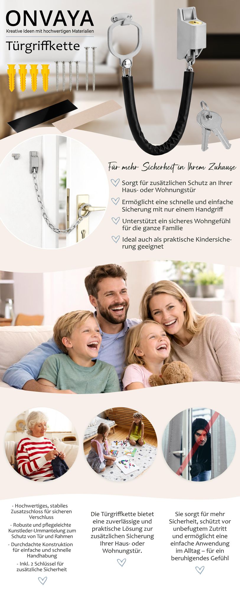 ONVAYA® Türkette | Türschloss Kette aus gehärtetem Stahl | Zuverlässiges Tür Kettenschloss als Einbruchschutz | Sicherheitskette für Türen mit Hülle