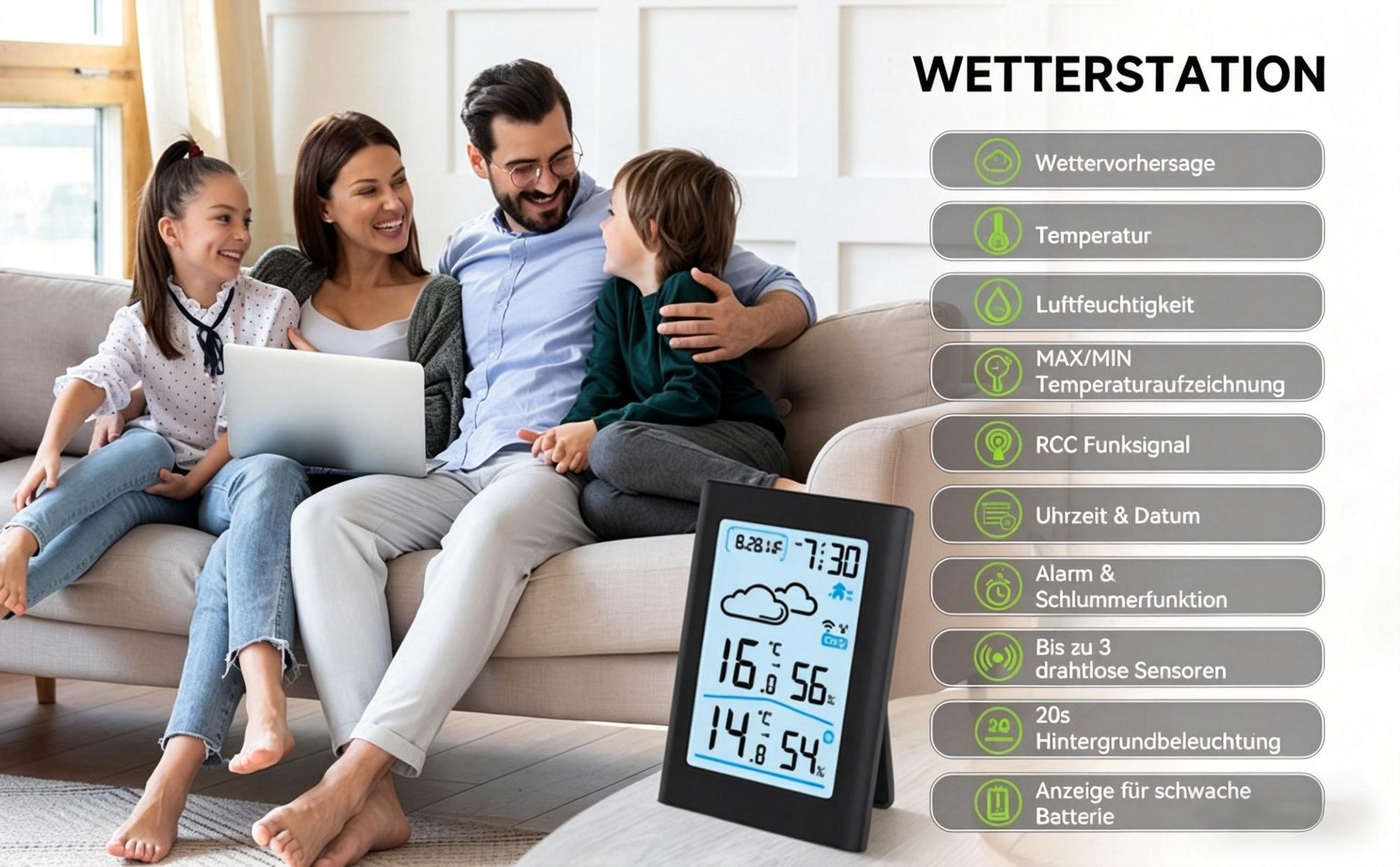 Funk Wetterstation mit Außensensor, DCF Funkuhr, Thermometer Innen Außen 100m, bis zu 3 Sensoren, Hygrometer, Wettervorhersage, Digitales Display