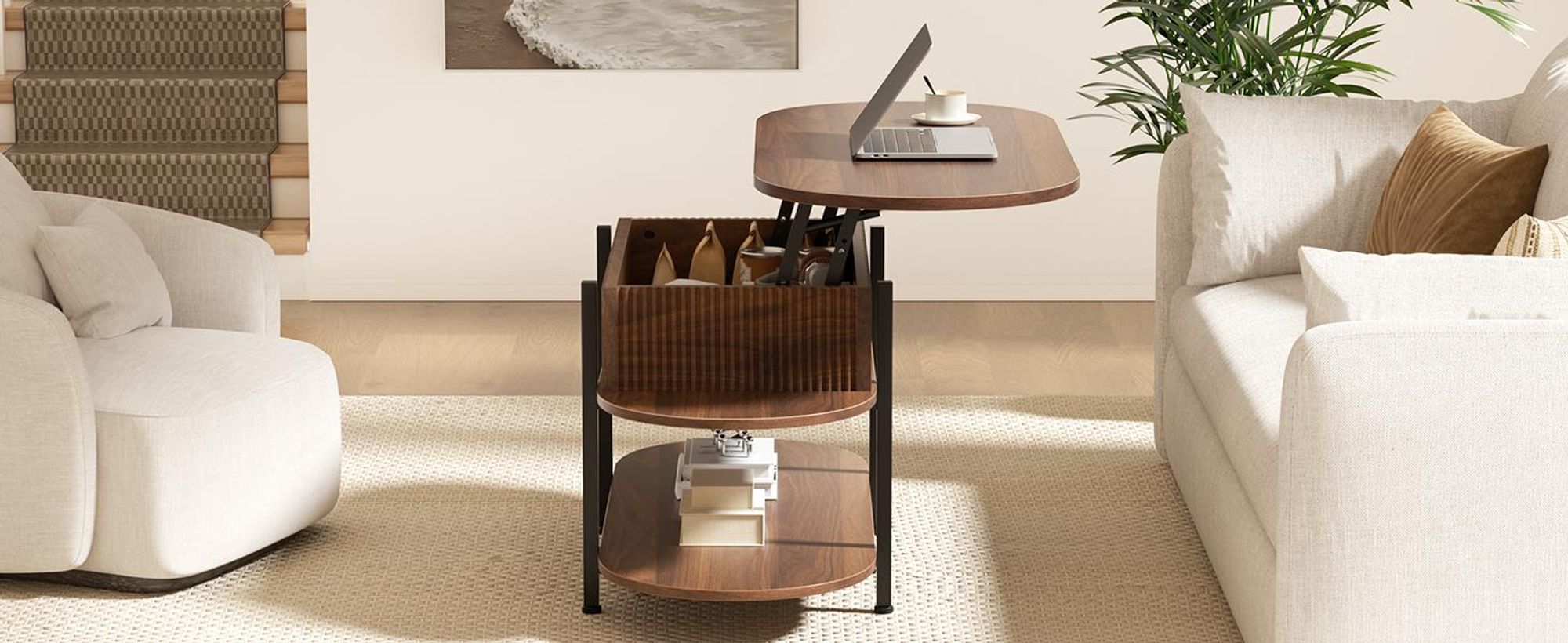 FABATO höhenverstellbare Konstruktion, dreistöckiges Design, versteckter Stauraum und edle Nussbaum-Optik,Moderner ovaler Couchtisch von