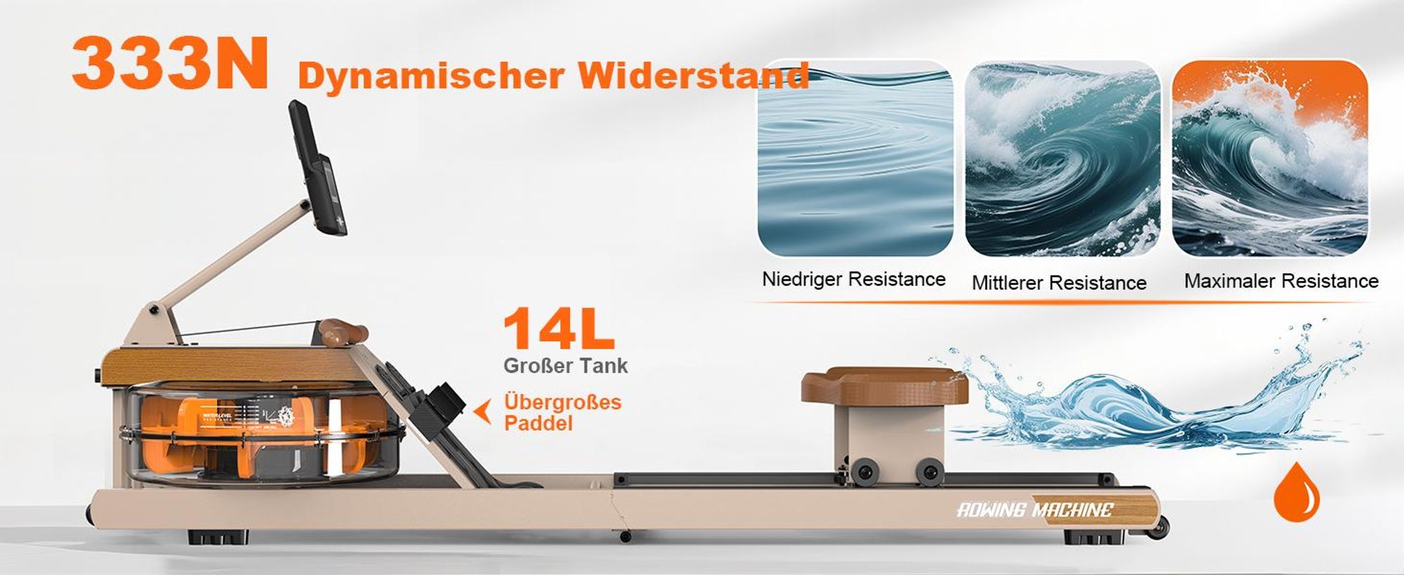 VOWVIT Wasserrudergerät klappbar, Bluetooth-Display, immersiv, 98% vormontiert, 160 kg