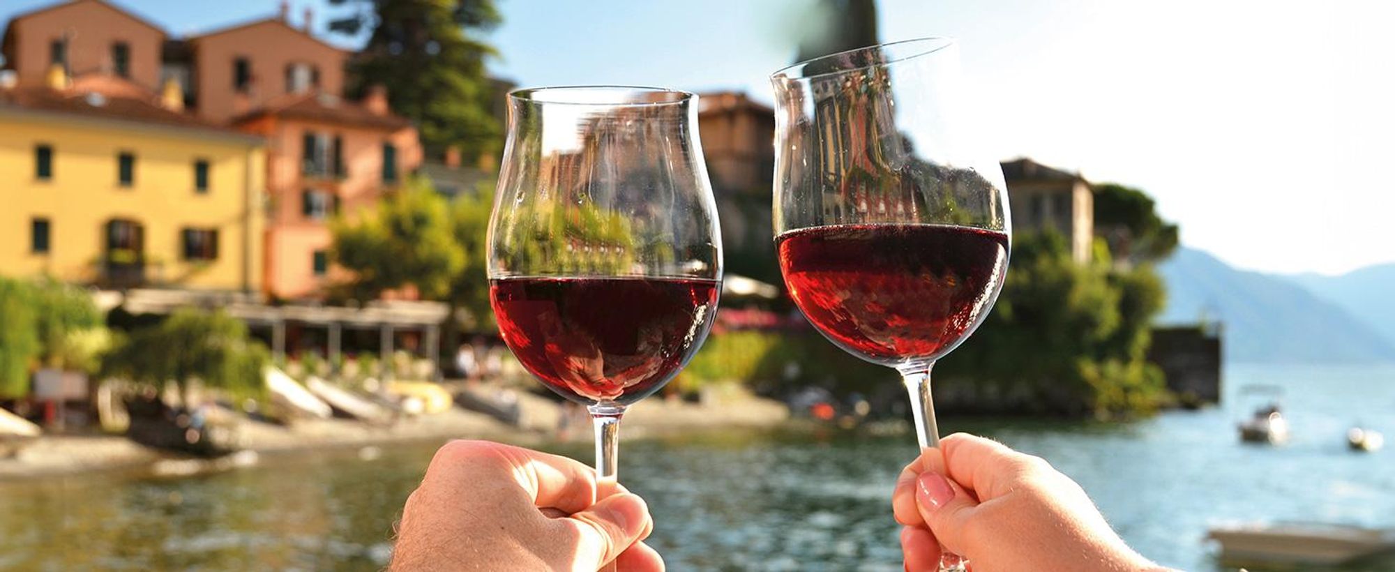 Das Bild zeigt zwei Gläser mit Rotwein, die vor einem See in die Luft gehalten werden.