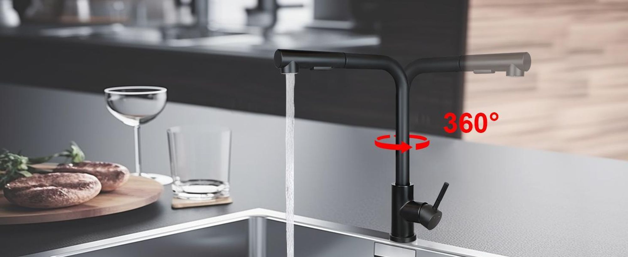 ZMH Wasserhahn Ausziehbar Küchenarmaturen Schwarz Mischbatterie mit Brause Spültischarmatur 360° Drehbar Armatur Edelstahl mit 2 Strahlarten