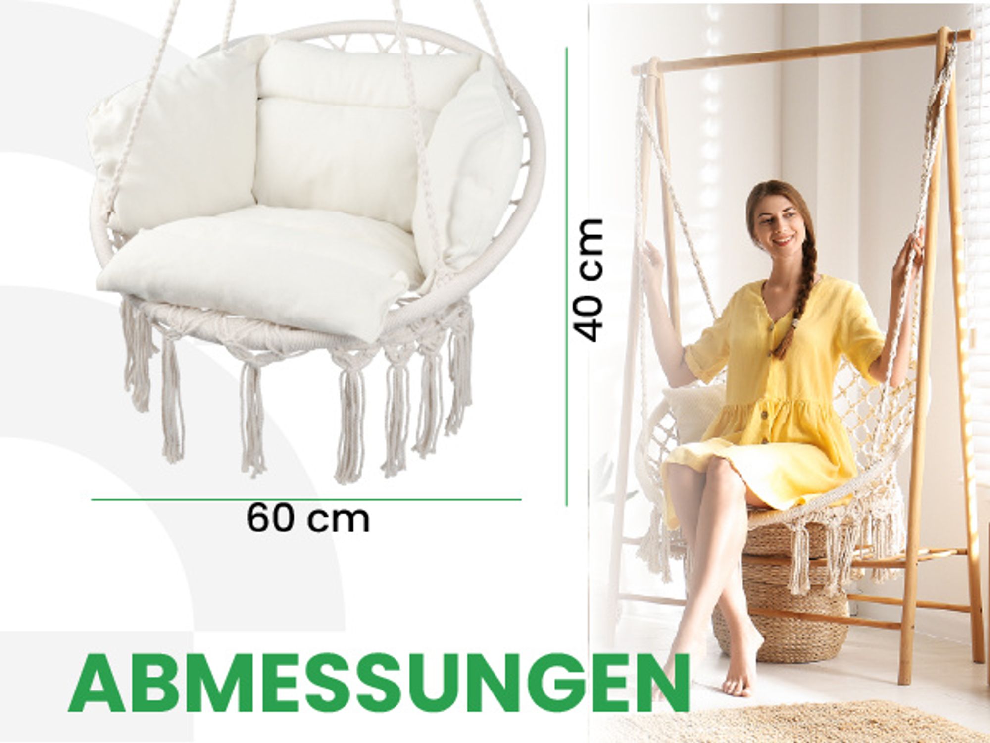 MalTec Hängesessel Garten Hängeschaukel Hängesitz Storchennest mit Kissen Grau für Terrasse, Hängematte bis 150kg Beige