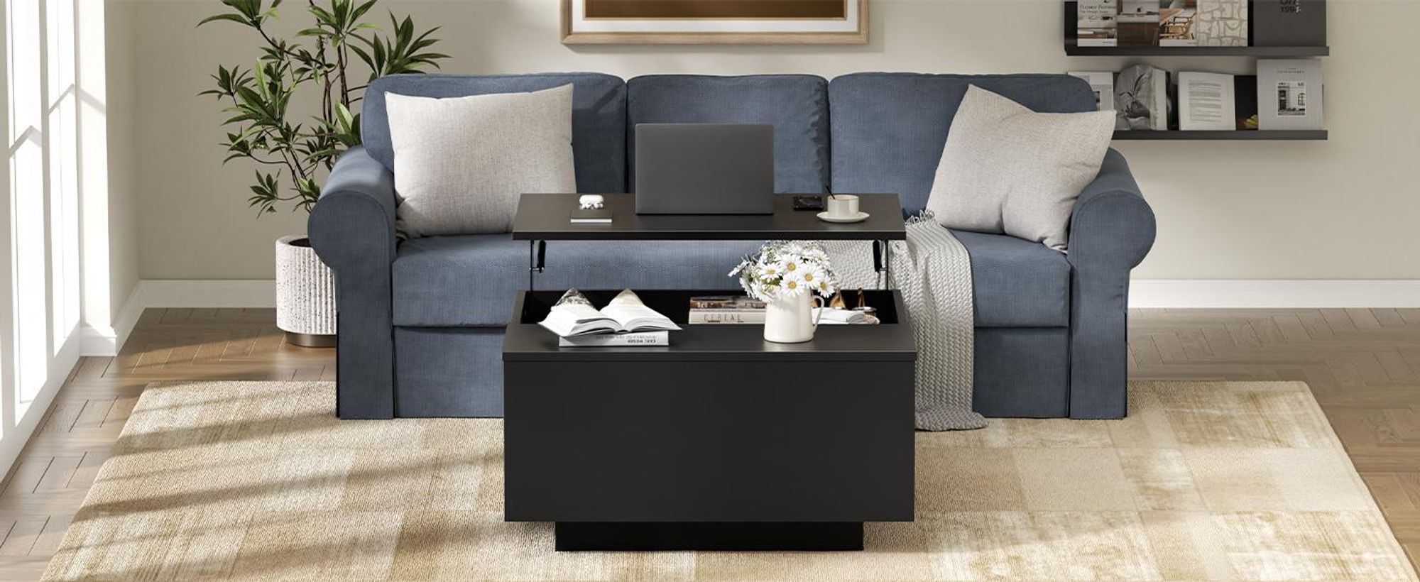 FABATO Couchtisch eckig, höhenverstellbar mit verstecktem Staufach, Landhaus-Design in Schwarz