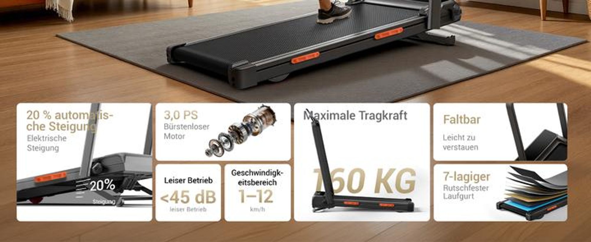 ROBORE X8F Walking Pad mit 0–20 % elektrischer Steigung, 1–12 km/h, klappbar, unter 45 dB, bis 159 kg