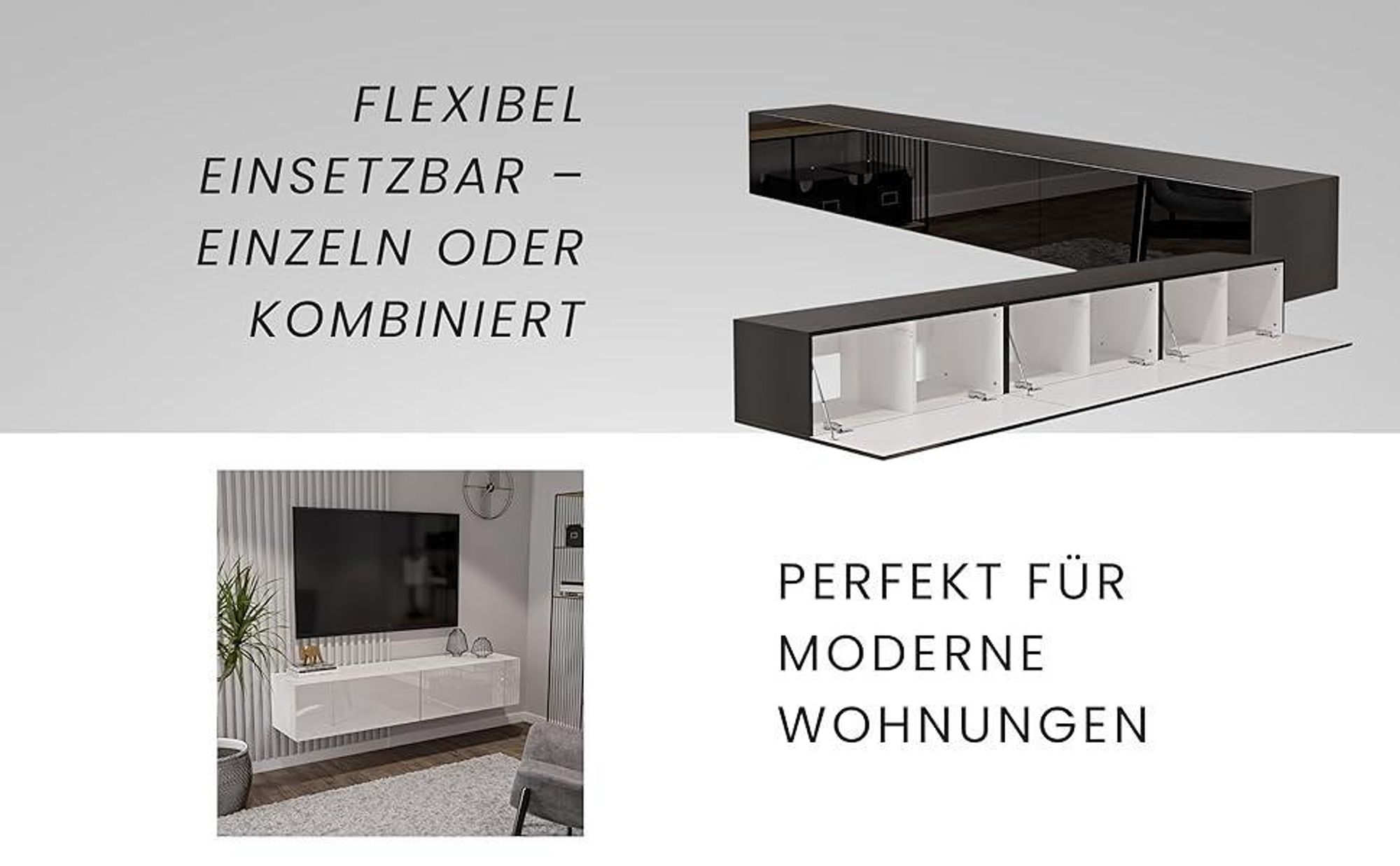 Schwarz TV Lowboard 270 cm Hängeschrank für Wohnwand Fernsehtisch Hochglanz Front MDF Fernsehschrank Kabelöffnung Push-to-Open