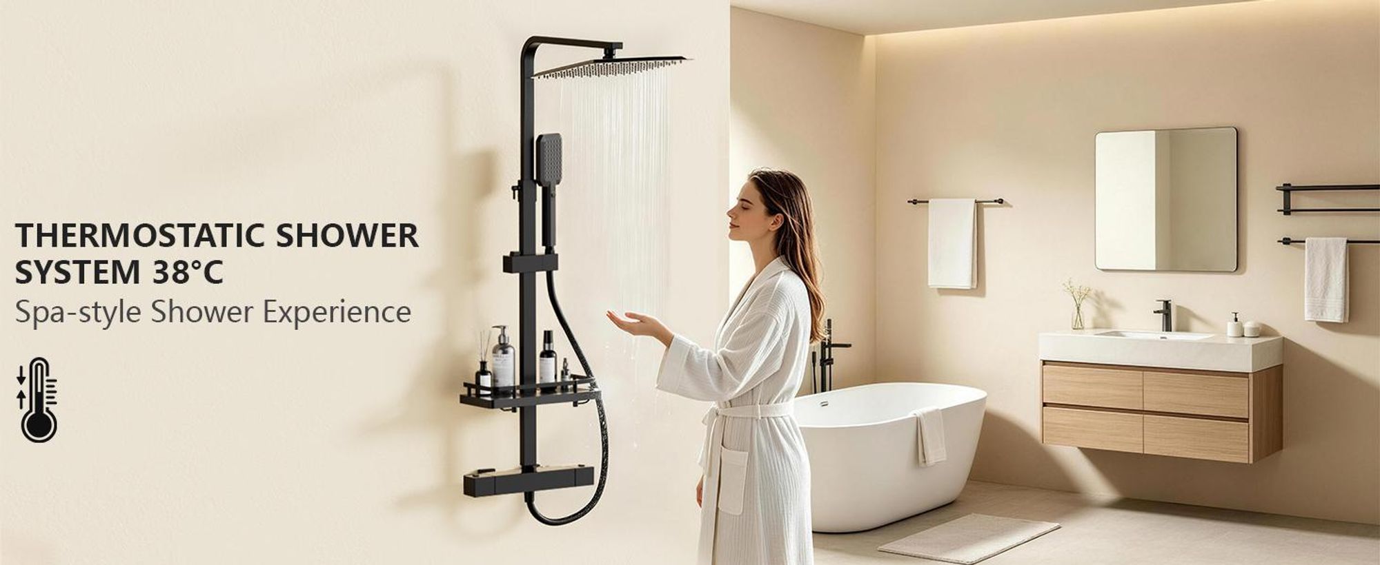 STANEW thermostatische douchekolom, wandgemonteerde douchekolom met plank, douchekolom voor de badkamer, met in hoogte verstelbare mengkraan