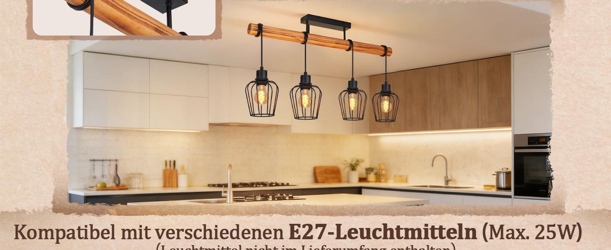 ZMH Lampada da soffitto in legno, lampada da corridoio nera, lampada da cucina a 4 luci, metallo, attacco E27, per cucina, soggiorno e sala da pranzo, lampadina non inclusa