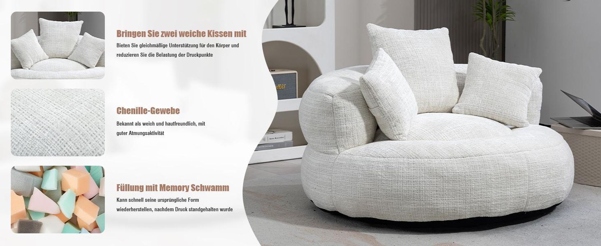 LVHOM Lazy Sofa mit 3 Kissen, Klassischer Sitzsack mit Füllung, Bean Bag mit Sitzpuff, Chenille Kuschelstuhl Sitzsäcke, Chaiselongue, Schwarz
