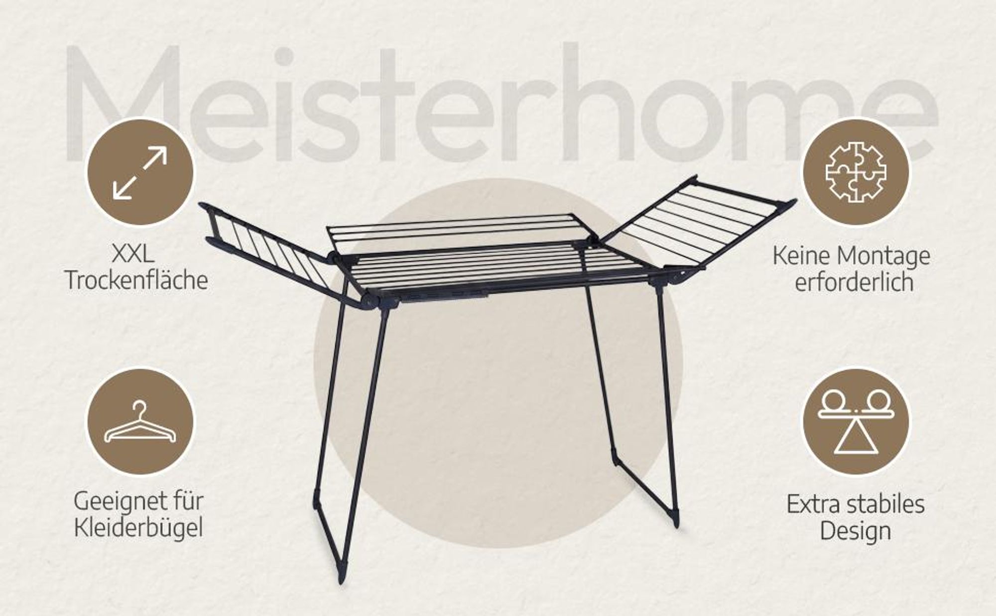 Meisterhome® Extra großer und Stabiler Wäscheständer - Schwarz - Standtrockner mit Flügeln für Lange Kleidungsstücke, standfester Flügelwäschetrockner - für drinnen und draußen - 25m Trockenleinenlänge