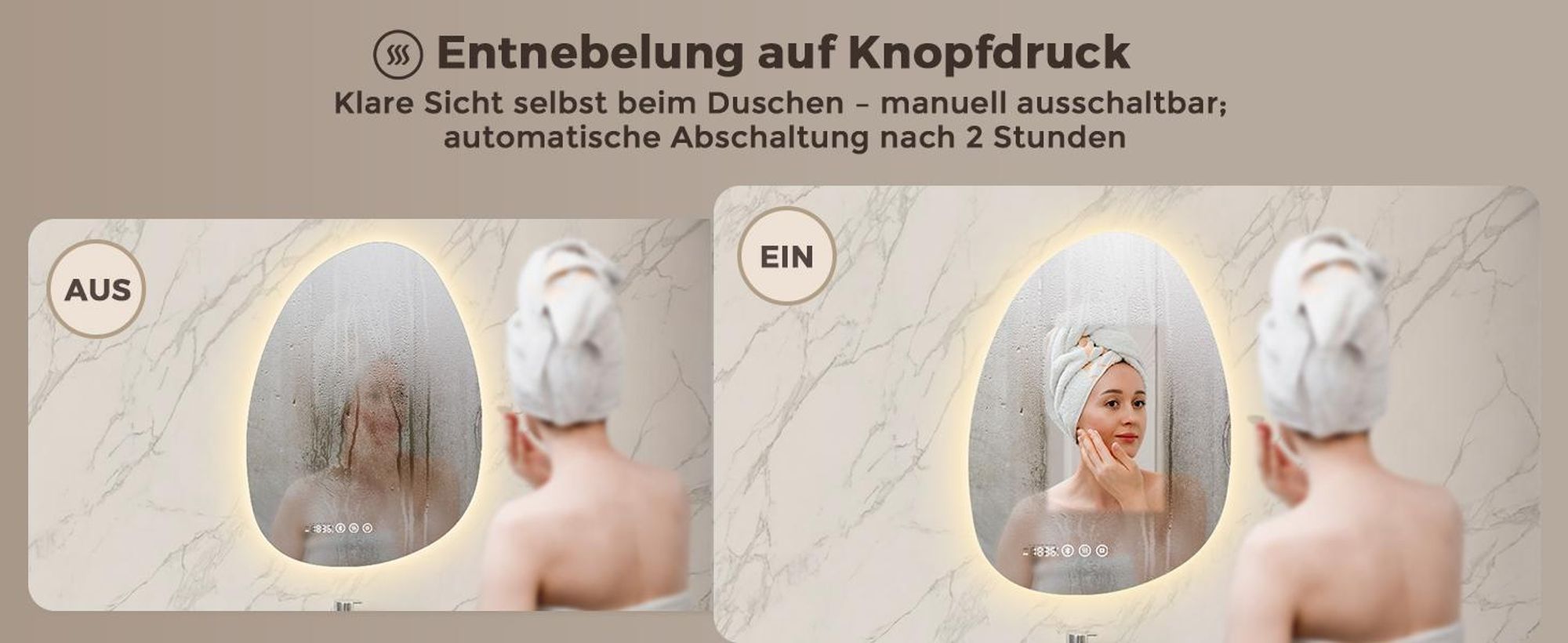 S'AFIELINA Badspiegel mit Beleuchtung Asymmetrisch 60 x 45 cm mit 3 Lichtfarben dimmbar, beschlagfrei, Bluetooth, Uhr, Temperatur, Speicherfunktion