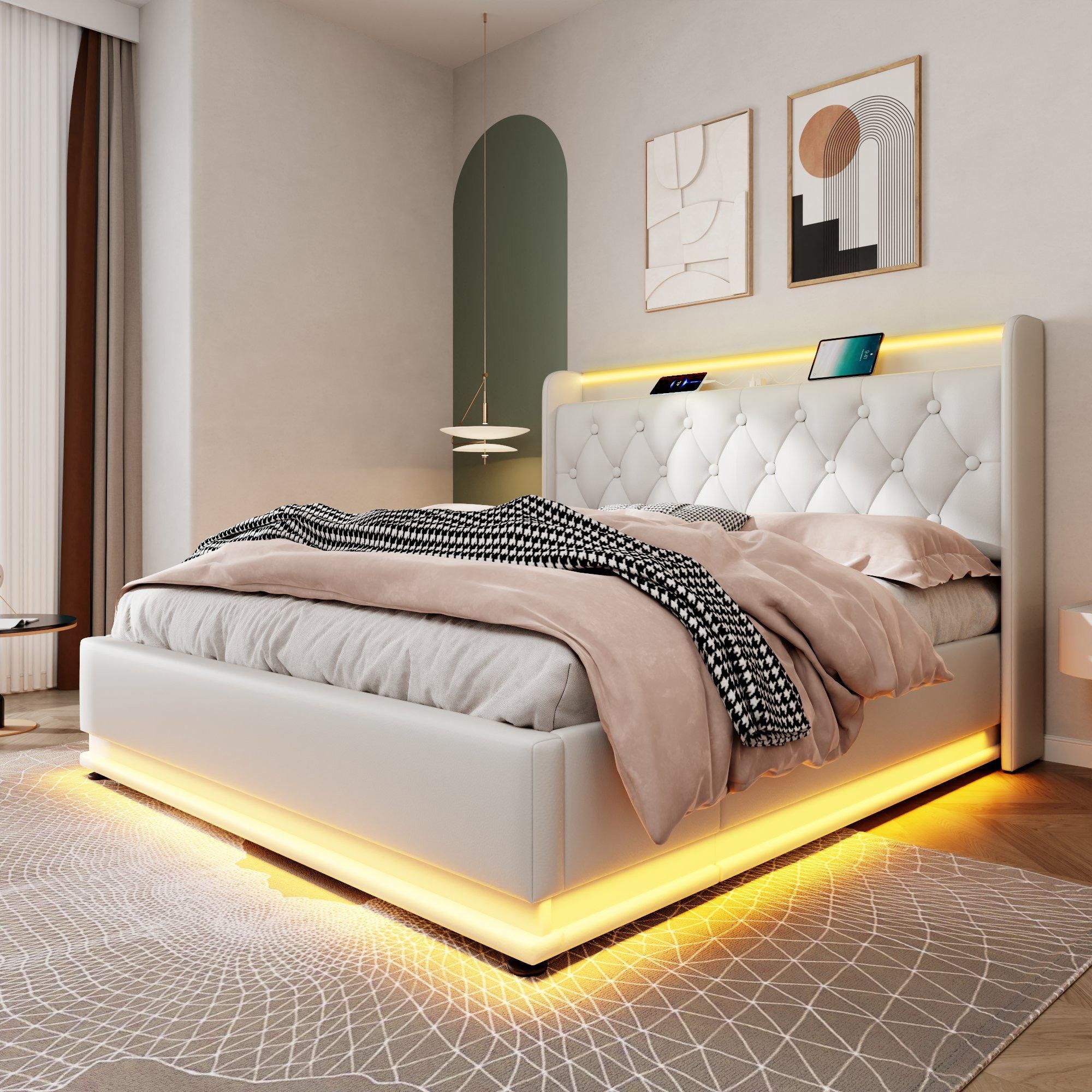 Flieks Polsterbett 140x190cm mit Ladefunktion (USB&Typ-c), Jugendbett Doppelbett Stauraumbett mit LED, Hydraulisches Boxspringbett, PU, Weiß