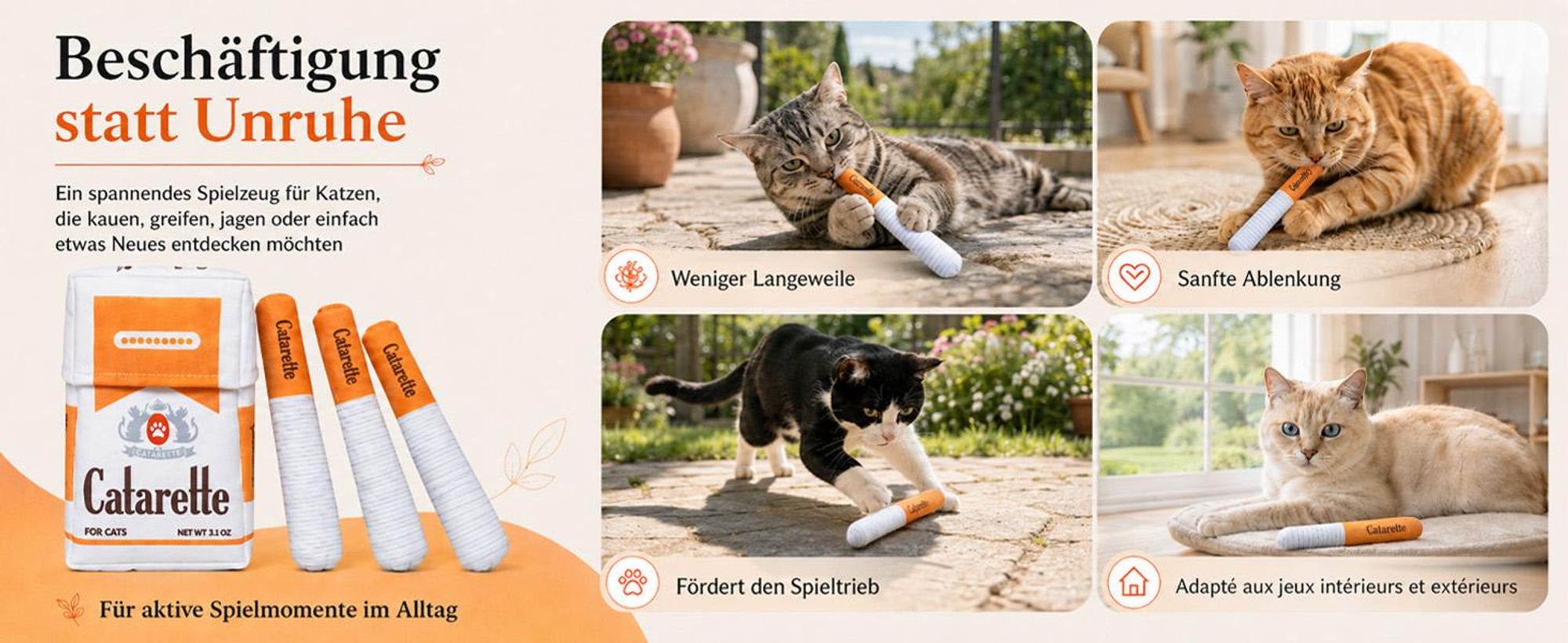 Catarette Katzenzigarette – Katzenspielzeug mit Katzenminze, 3er-Set aus Plüsch, Orange