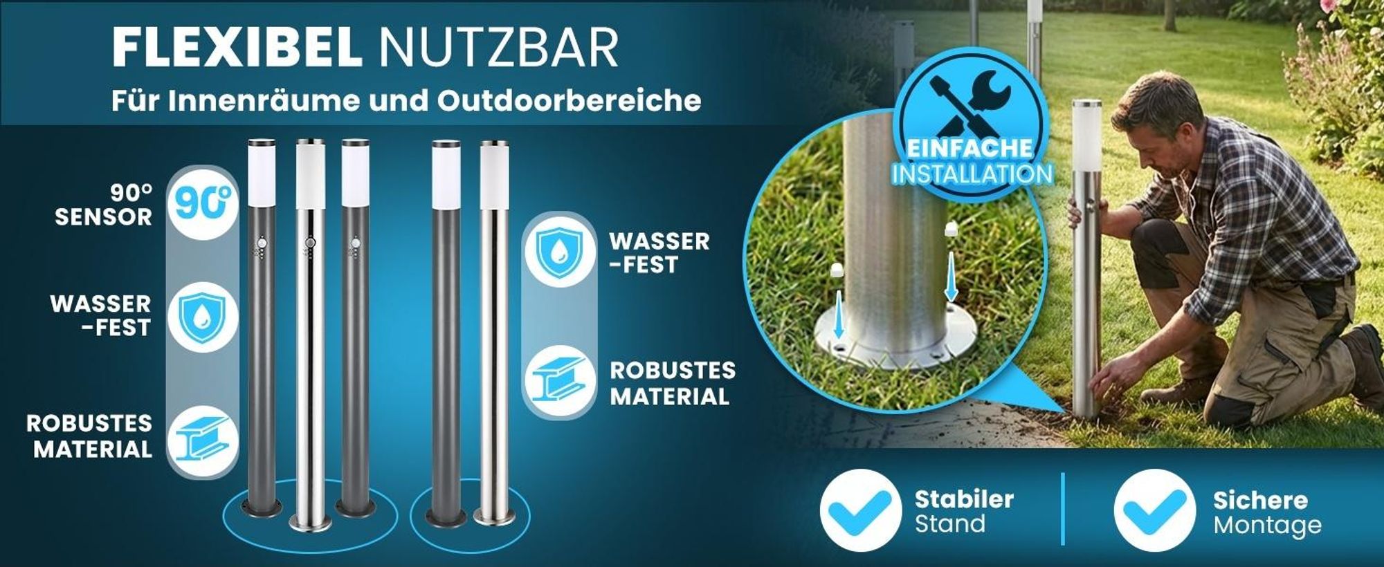 MONZANA Außenleuchte mit Bewegungsmelder Edelstahl 100cm Groß IP44 Wetterfest E27 Außen Garten Beleuchtung Wegeleuchte Outdoor Modern Anthrazit