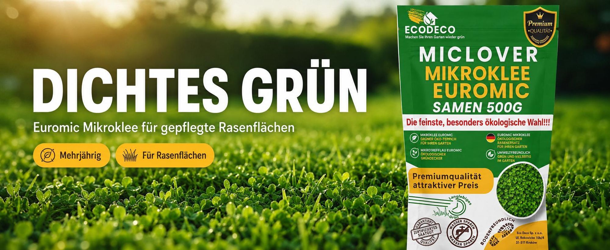 EcoDeco Mikroklee Samen Euromic 0,5 kg, Mikroklee Samen für Rasen mit Mikroklee, Klee Samen, Weißklee Samen, qualifiziertes Saatgut C/1