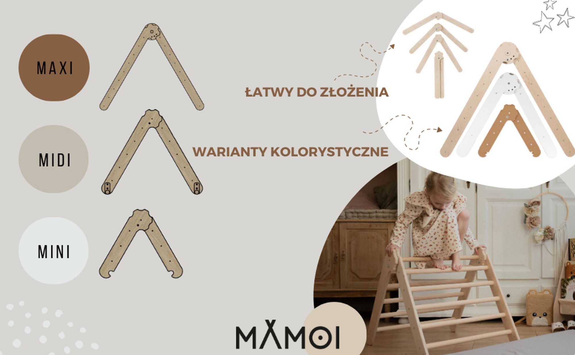 MAMOI® Trójkąt wspinaczkowy dla dzieci | Drewniana drabinka dla dzieci Trójkątna drabinka | Wielofunkcyjny trójkąt wspinaczkowy montessori | Piramida