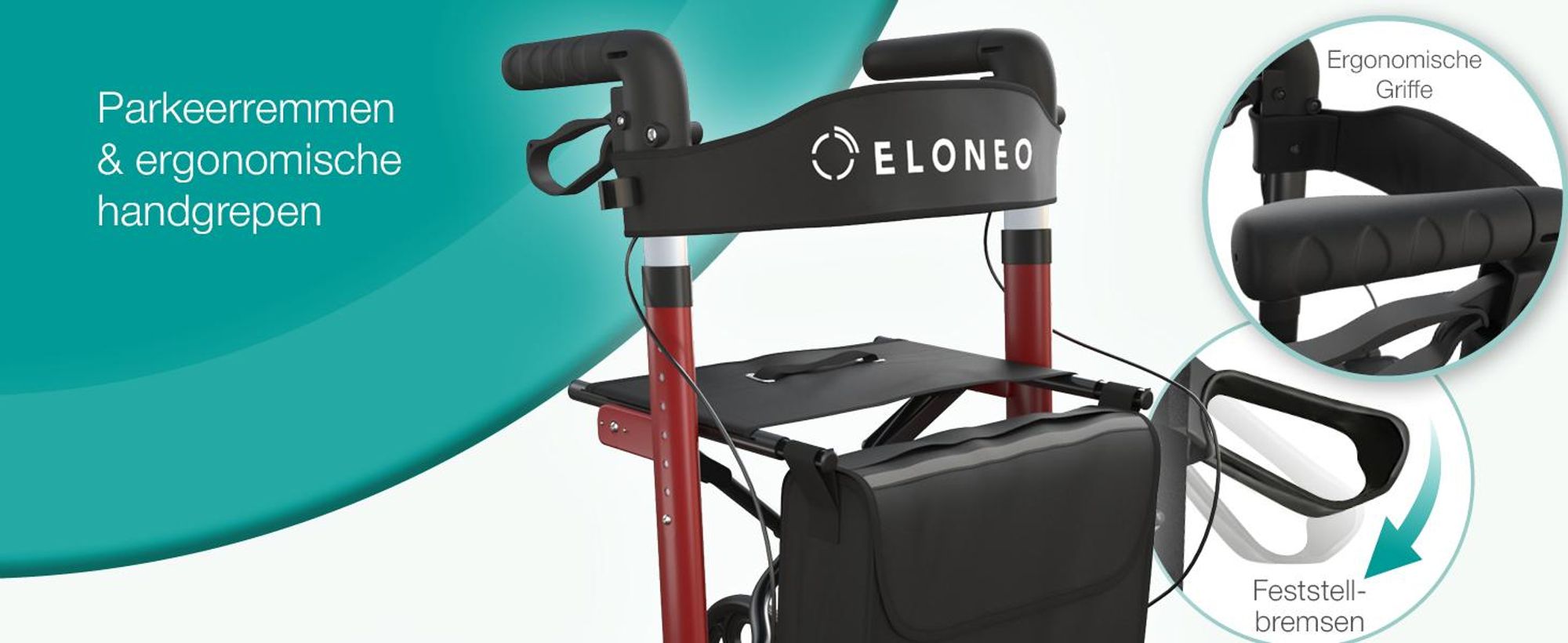 ELONEO inklapbare en lichte rollator met zitplaats, lichtgewicht reiskofferrolator van aluminium, loophulp met 8-voudige hoogteverstelling, inklapbaar in 3 standen